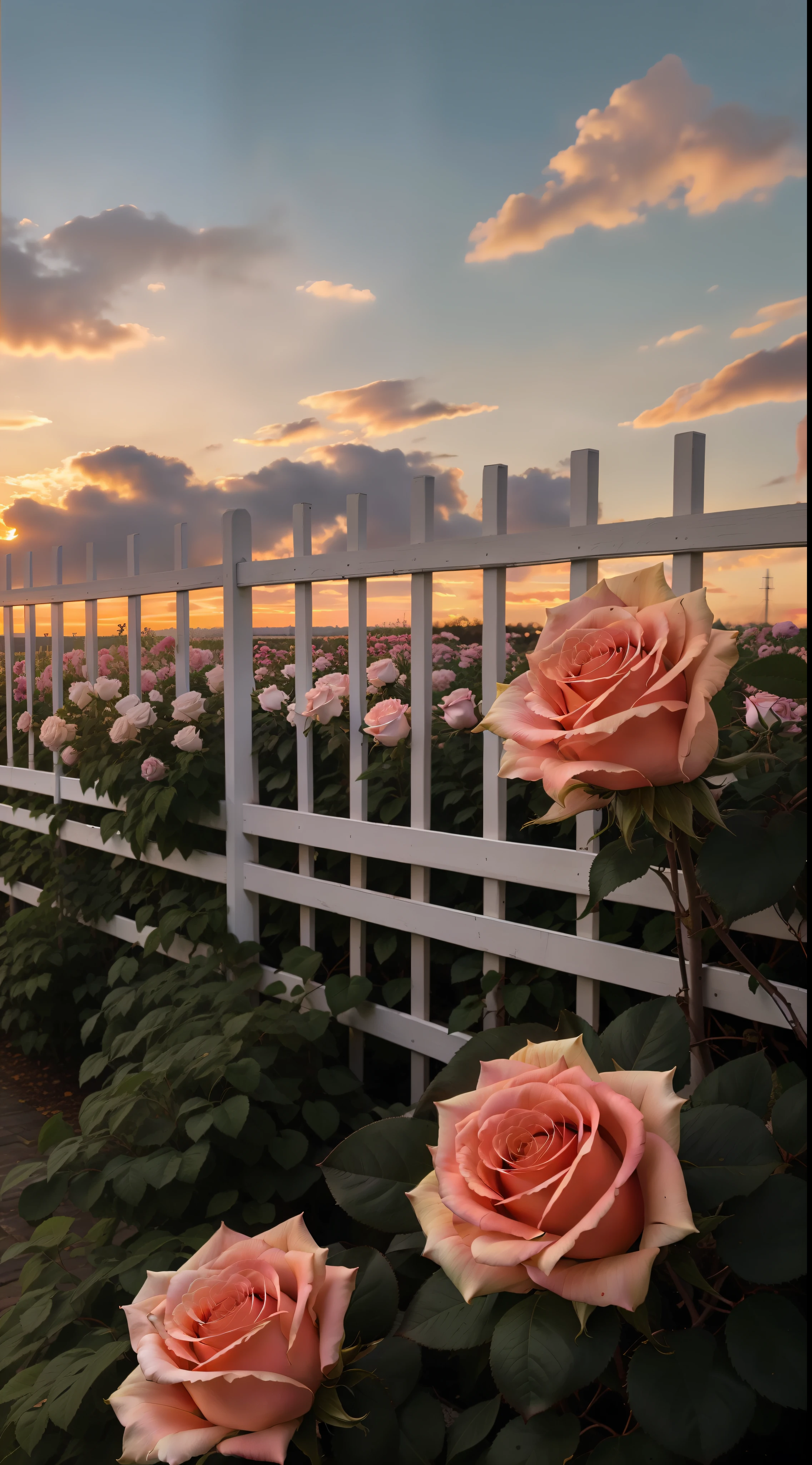 The sky is a magnificent sunset, In front of it is a row of white fences, The fence is covered with delicate roses, The colors of the roses are colorful, The whole picture is romantic, reality, high detail, Realism, chromatic aberration, chiaroscuro, UHD, masterpiece, ccurate, anatomically correct, super detail, high details, high quality, award winning, best quality, highres, 16k