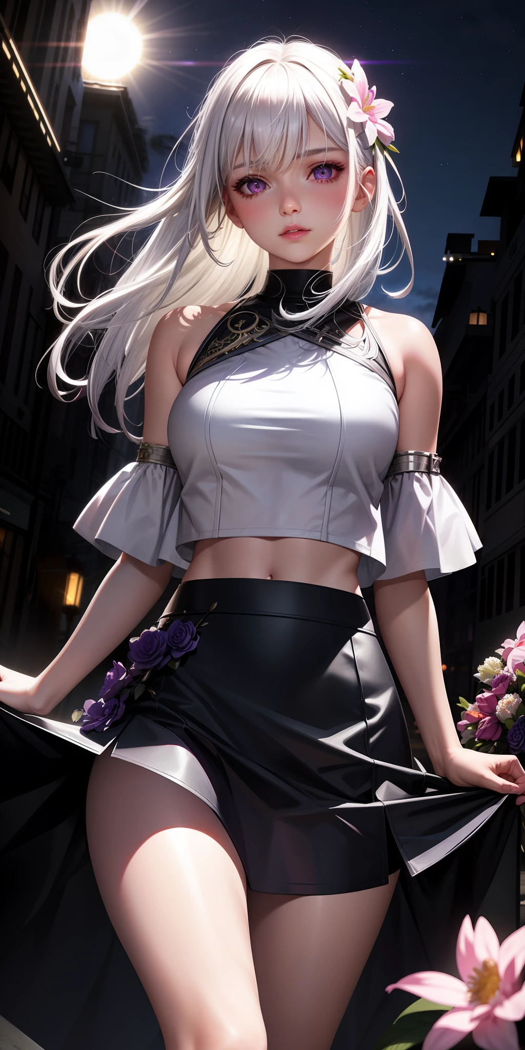 realistic, 1girl, white hair, purple eyes, glowing eyes, crop top, skirt, parted lips, blush, night, flowers, sun, sunlight,