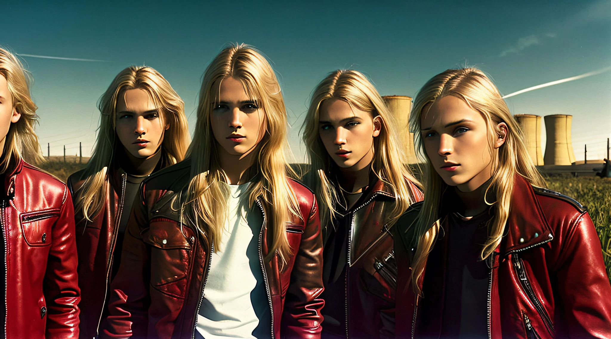 3 BOYS , WITH LONG BLOND HAIR, WITH RED LEATHER JACKETS AND BLACK CLOTHING, nuclear power plant with radioactive barrels in a field, nuclear wasteland, nuclear waste, post-nuclear fallout, future of nuclear energy, nuclear fallout, radioactive wasteland, nuclear energy, nuclear energy, nuclear reactor, nuclear aftermath, post-nuclear, nuclear power plant, nuclear, radioactive particles,  nuclear art, toxic waste, polluted, radioactive peak field, pollution