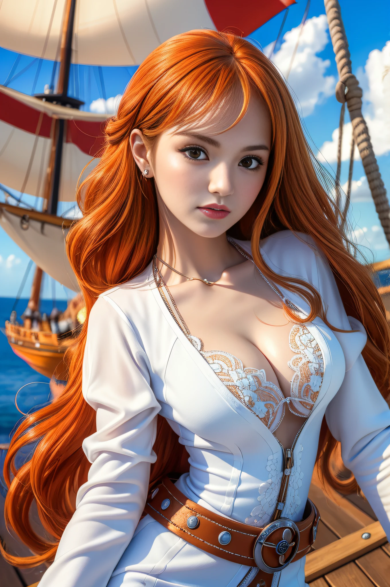 (((masterpiece+best quality+high resolution+ultra-detailed))), 1girl with clima-tact, Nami, long silky orange hair, high nose, sharp eyes, noble and inviolable temperament, (([female]: 1.2 + [beauty]: 1.2 + orange long hair: 1.2)), pirate ship background, blue sky, clouds, bracelets, white long sleeve mini dress and donned another belt, bright eyes, dynamic angle and posture.