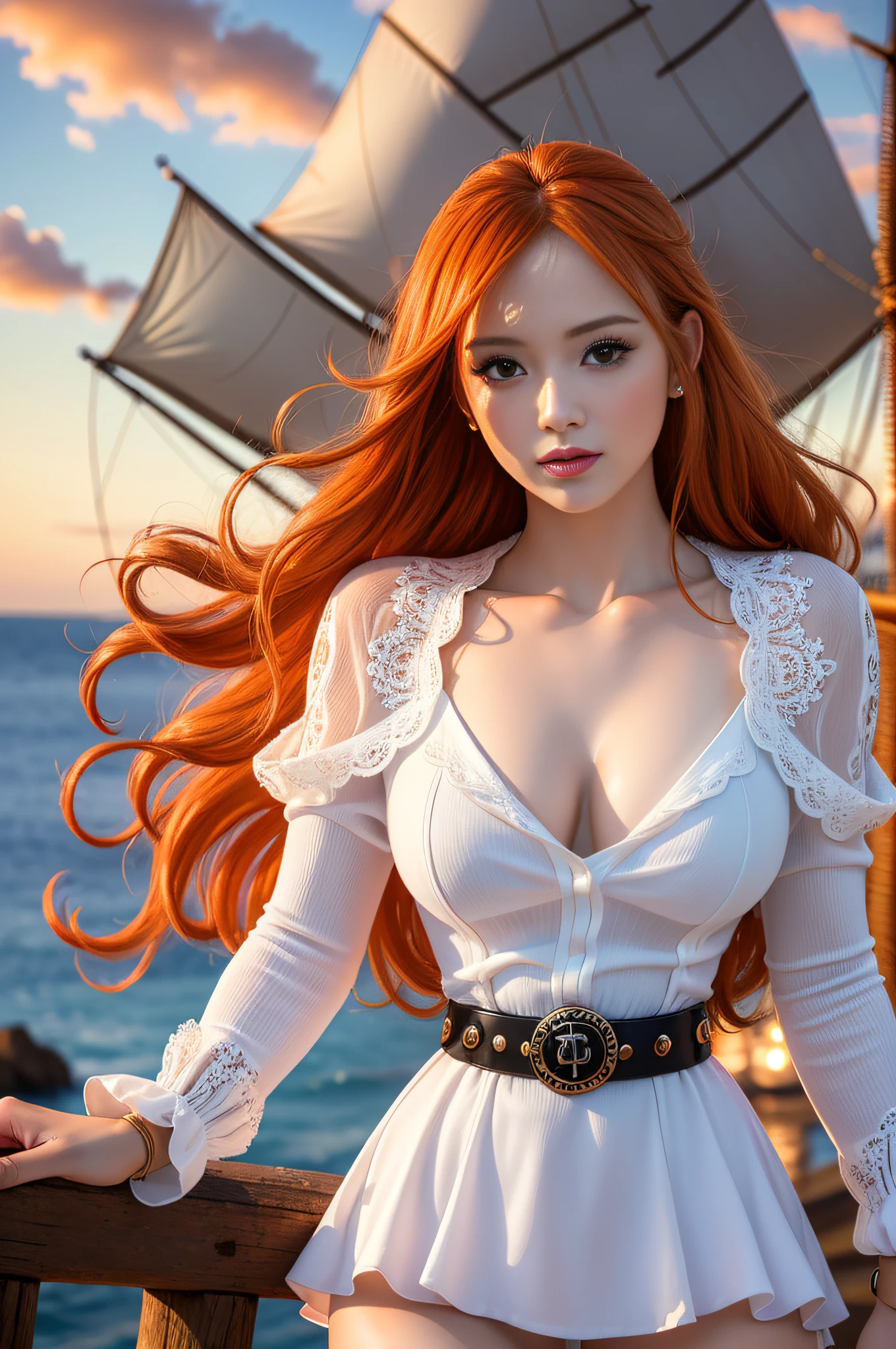 (((masterpiece+best quality+high resolution+ultra-detailed))), 1girl with clima-tact, Nami, long silky orange hair, high nose, sharp eyes, noble and inviolable temperament, (([female]: 1.2 + [beauty]: 1.2 + orange long hair: 1.2)), pirate ship background, blue sky, clouds, bracelets, white long sleeve mini dress and donned another belt, bright eyes, dynamic angle and posture.