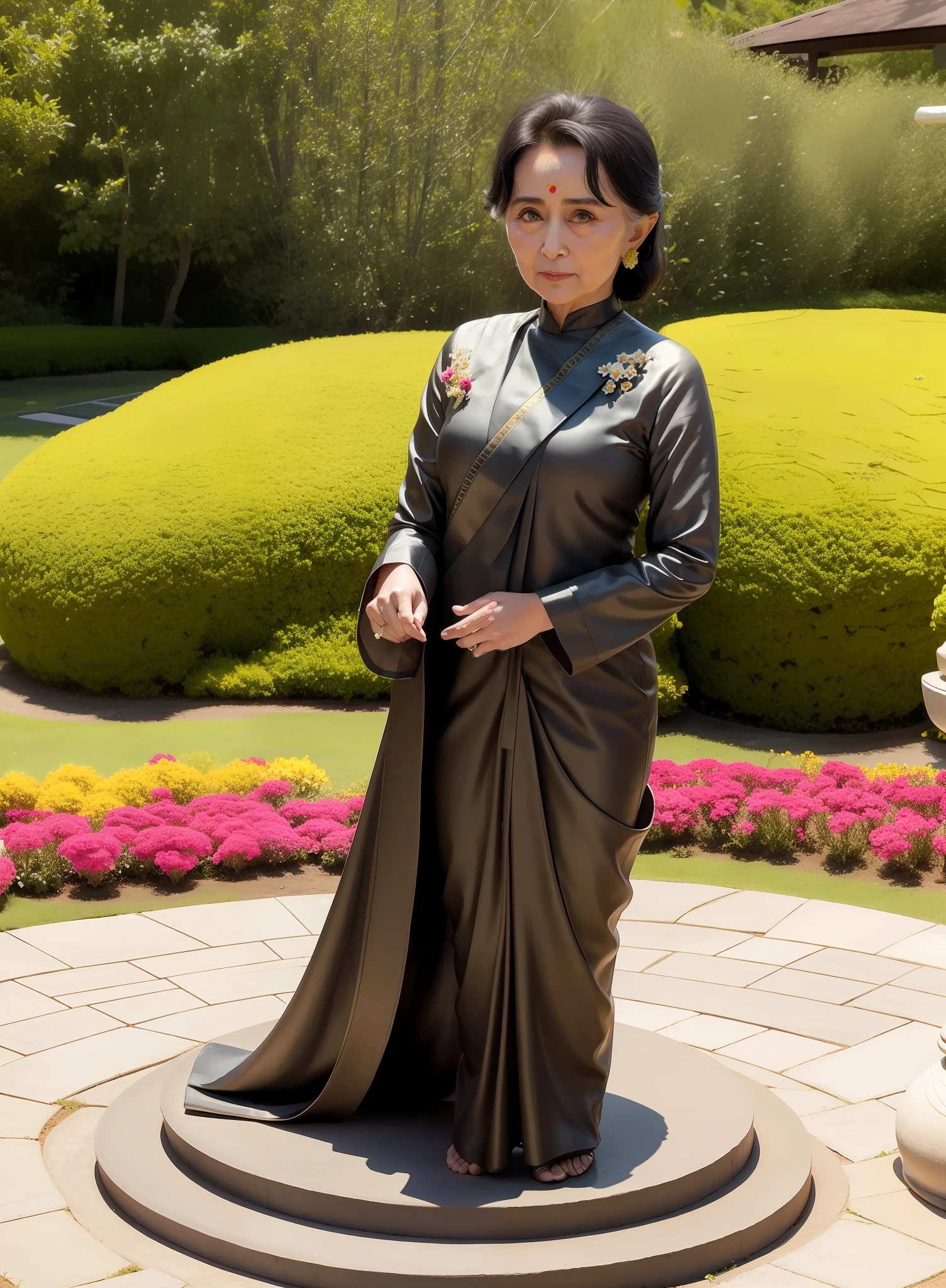 Aung San SUU kyi with flowers garden full figure