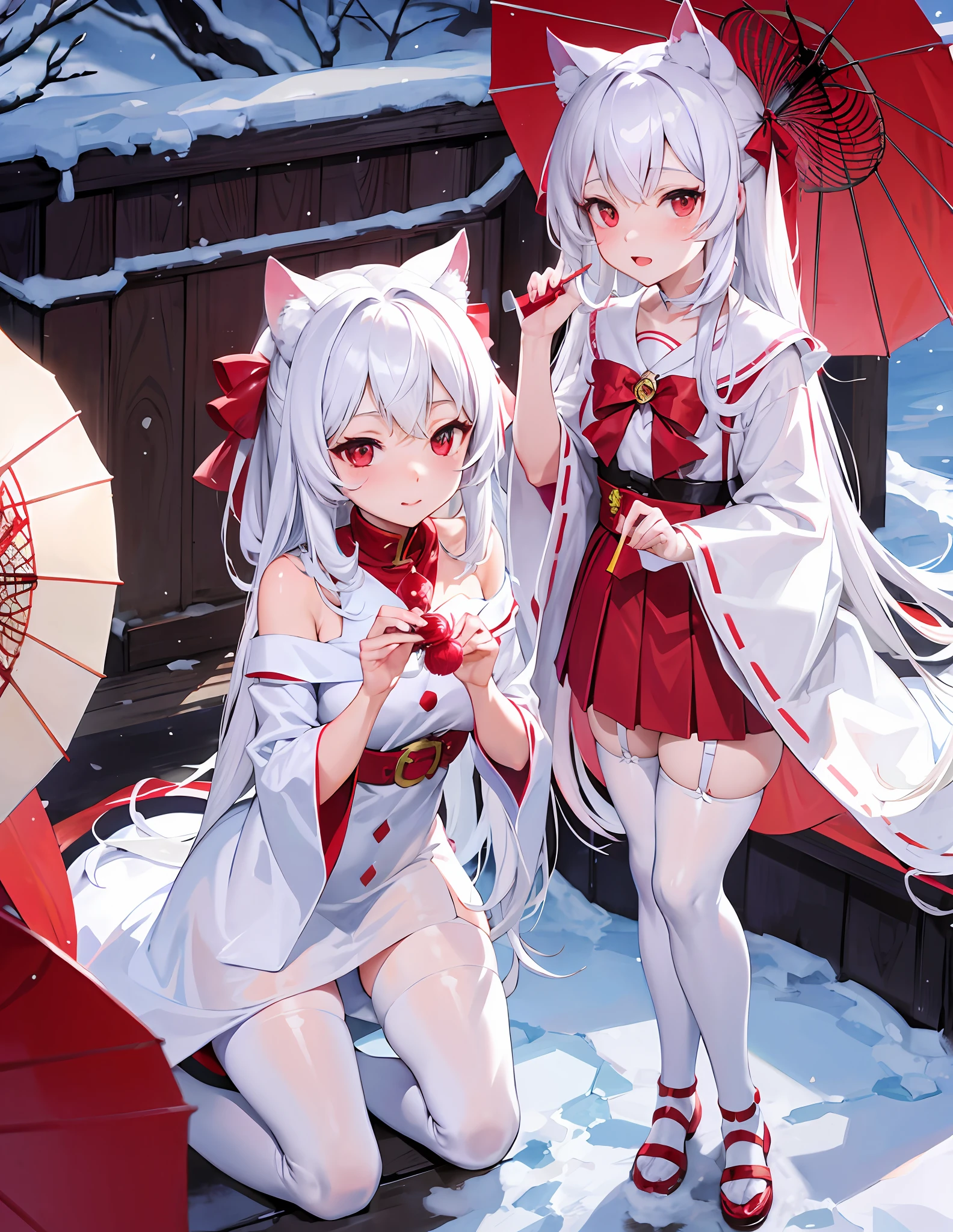 White hair, anime, shoujo, shrine, white cat ears, red witch costume, snow, red umbrella, red eyes, snow, white stockings