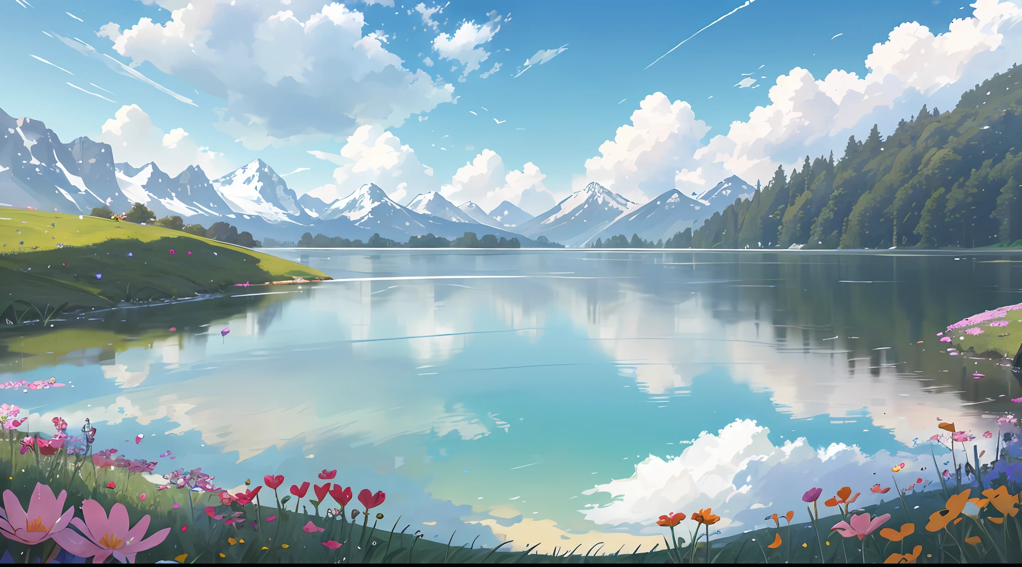 Summer, meadows, few small flowers, clear lakes, sheep, heaven, large clouds, blue sky, hot weather, HD detail, wet watermark, hyper-detail, cinematic, surrealism, soft light, deep field focus bokeh, distant view is snowy mountains, ray tracing, and surrealism. --v6