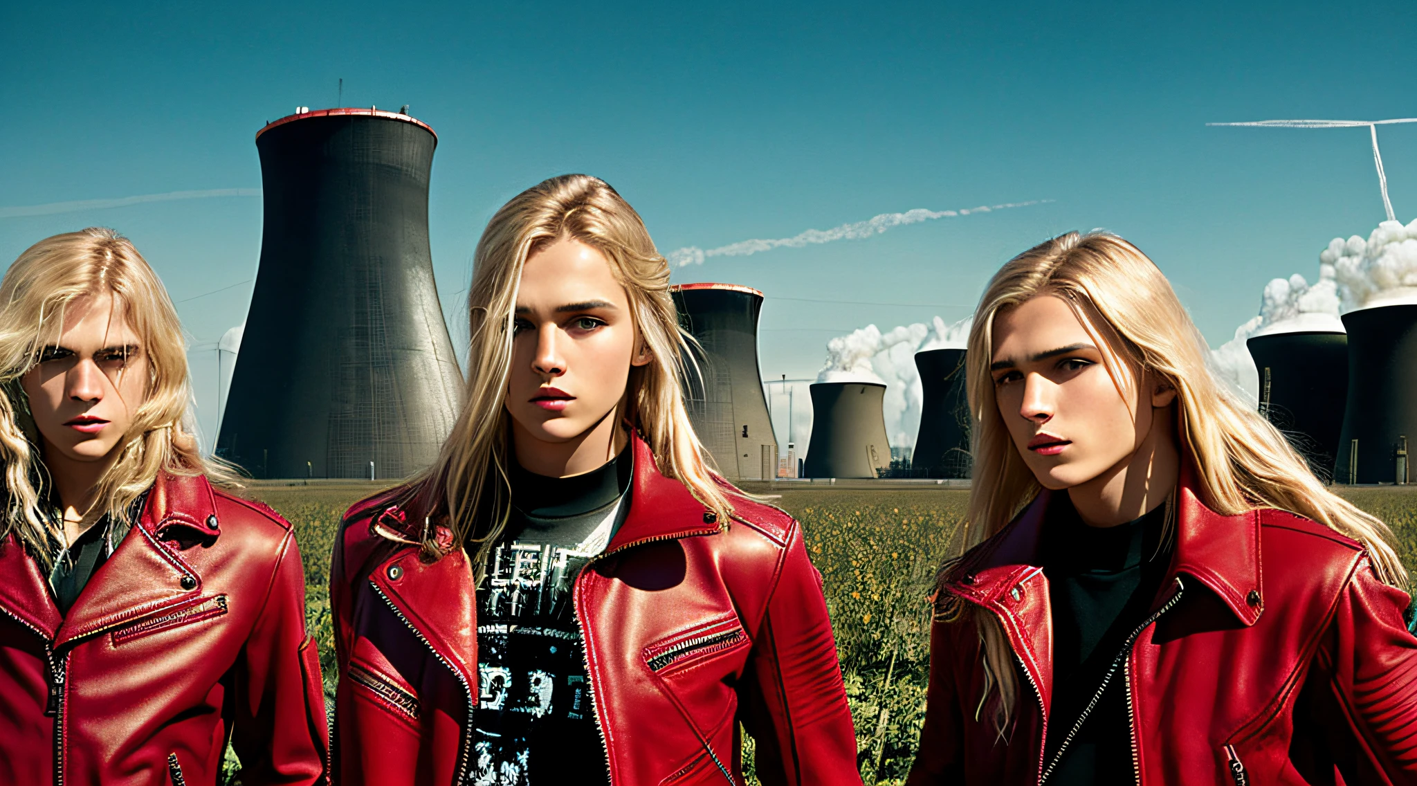 3 BOYS , WITH LONG BLOND HAIR, WITH RED LEATHER JACKETS AND BLACK CLOTHING, nuclear power plant with radioactive barrels in a field, nuclear wasteland, nuclear waste, post-nuclear fallout, future of nuclear energy, nuclear fallout, radioactive wasteland, nuclear energy, nuclear energy, nuclear reactor, nuclear aftermath, post-nuclear, nuclear power plant, nuclear, radioactive particles, nuclear art, toxic waste, polluted, radioactive peak field, pollution