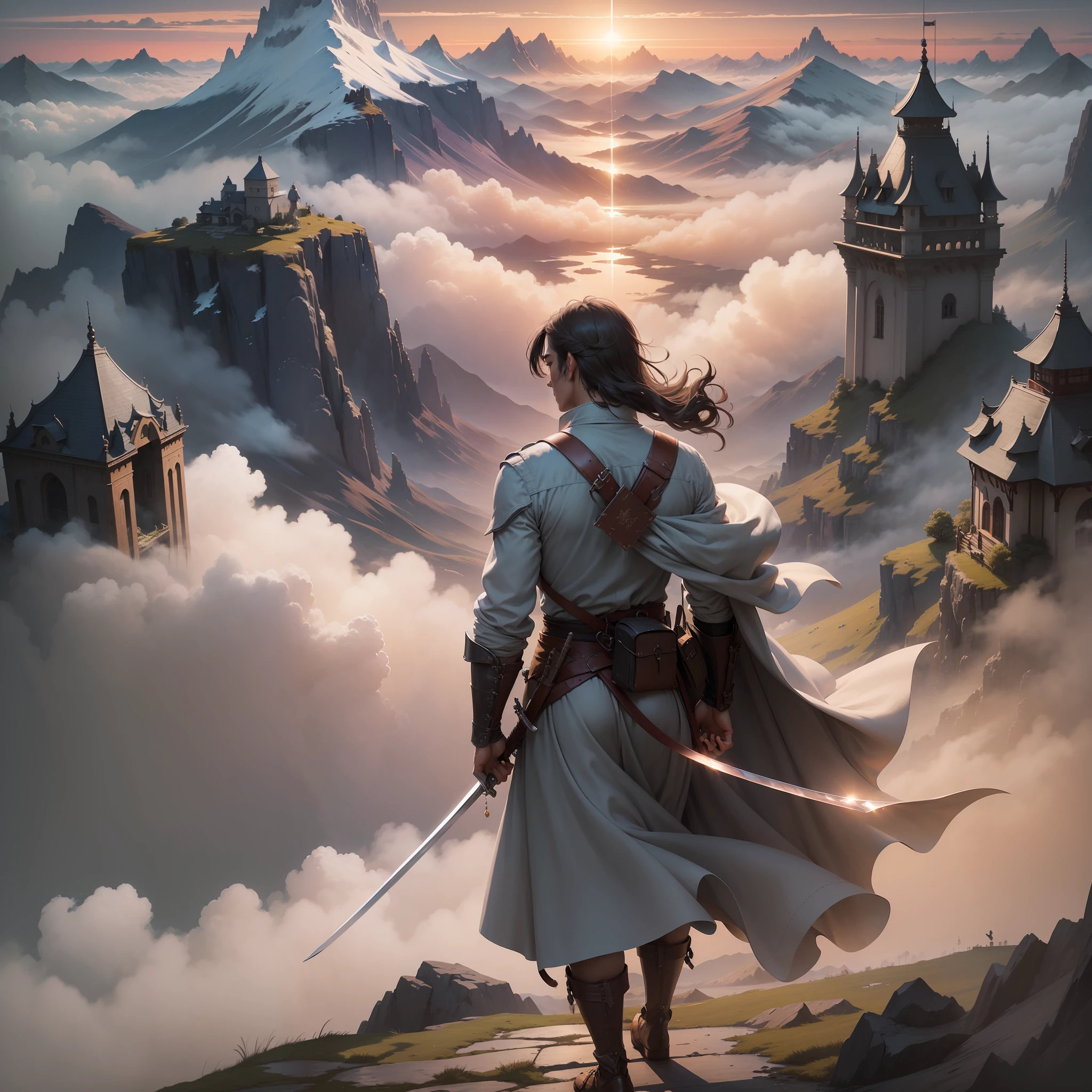 (masterpiece), the best quality, HD, depicting the lonely swordsman, back, , dusk, hazy, dragon clouds, sea of clouds all over the mountains, battlefield, crystal dewdrops, endless road ahead, bow your head and salute, lean over and walk, sea breeze blowing, shirt flying, suddenly like a dream. --auto --s2
