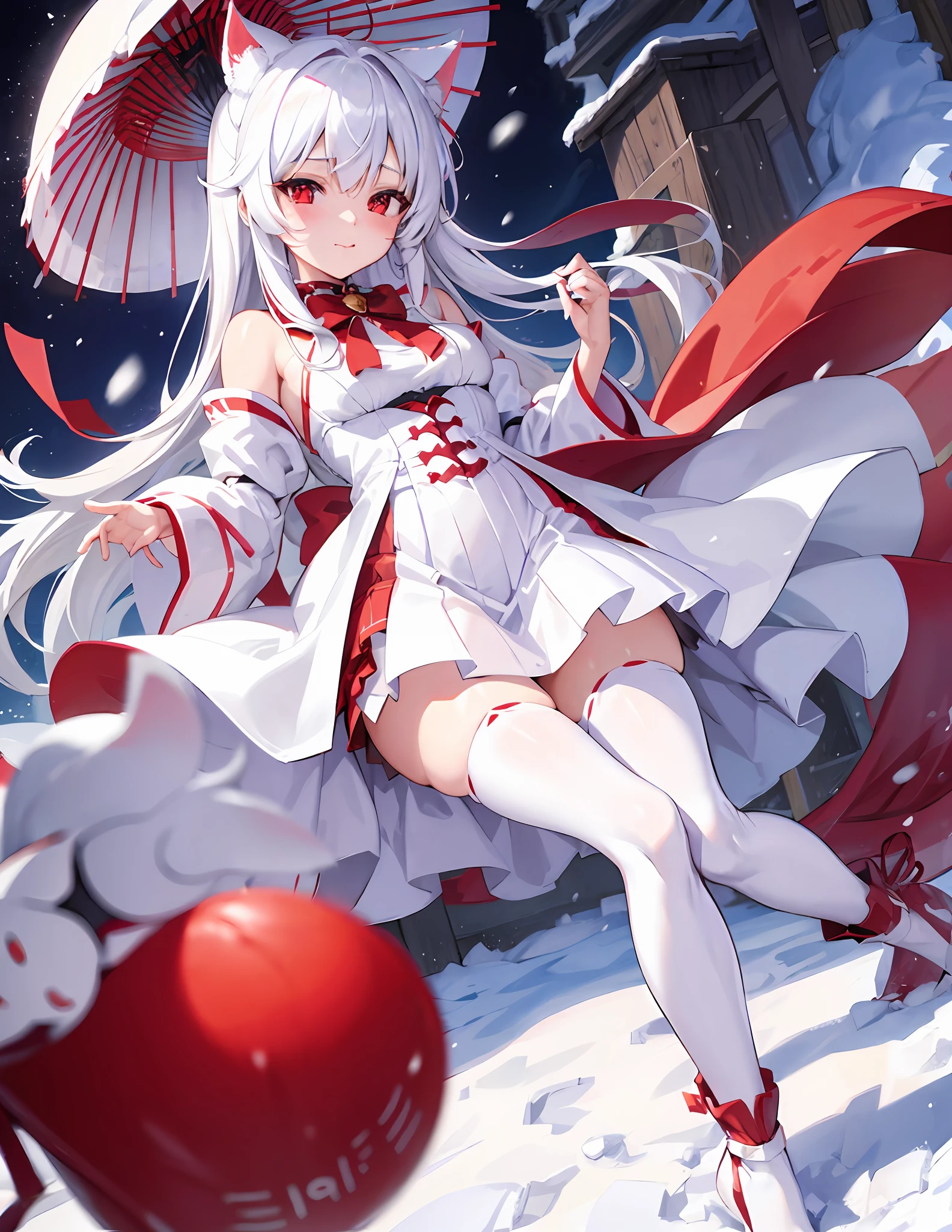 White hair, anime, shoujo, shrine, white cat ears, red witch costume, snow, red umbrella, red eyes, snow, white stockings