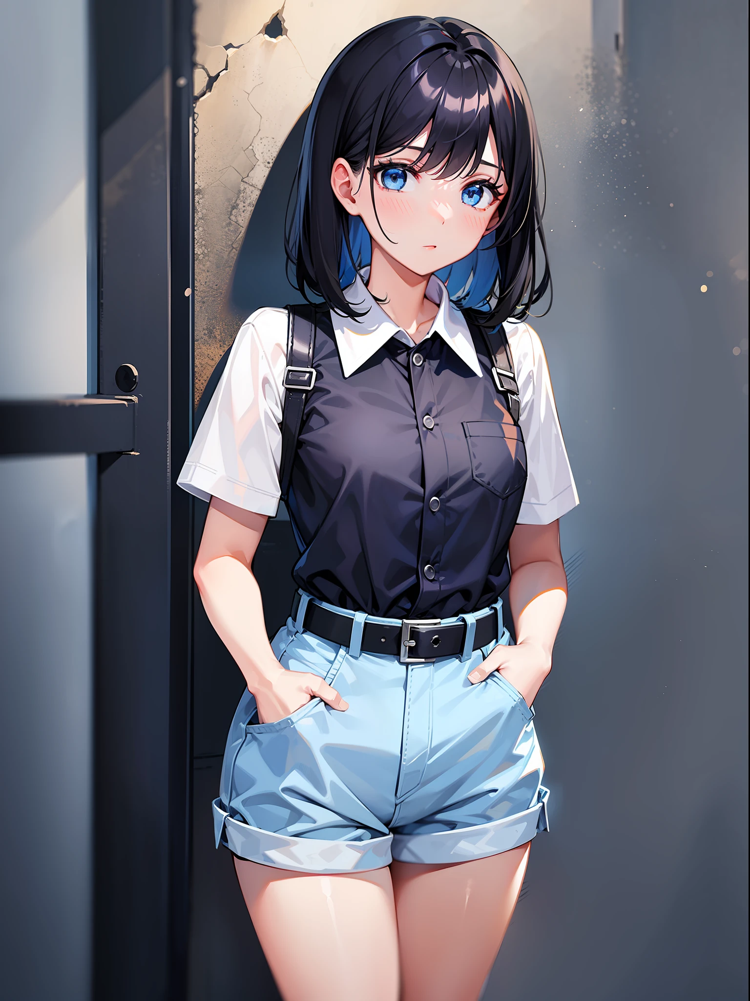 Black hair short, short blue clothes with white collar sleeves, blue shorts, white waist belt, white shoes, girl, outdoor