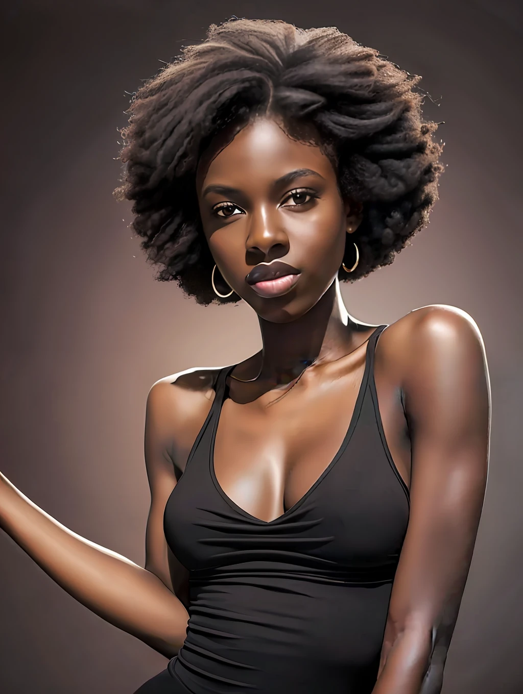 masterpiece, (best quality:1.5), highly detailed, (real photo:1.5) of young tall slender woman, vdark skin, upper body, 64k, darkness, accent lighting, 100mm, high contrast, simple background, hands down, ((short:1.5)) curly perfect hair, black tank top, ((shadows:1.2)), centered, looking at the camera, (aesthetic:1.3), small breasts, skin imperfection