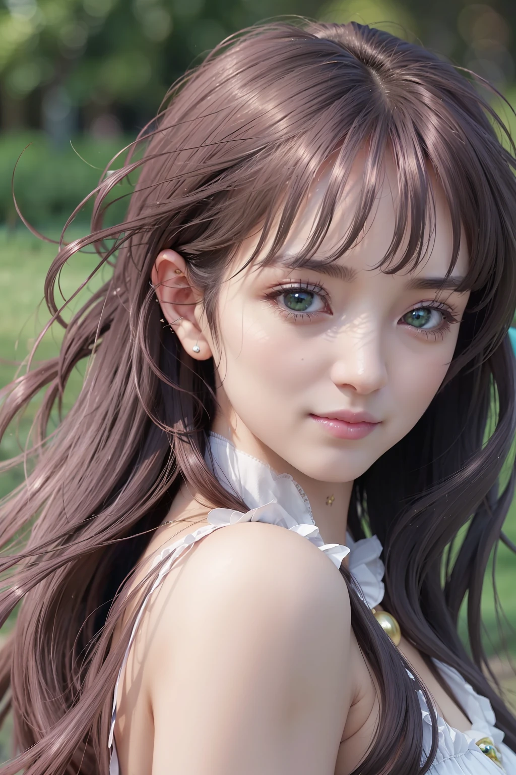 ((high quality, realistic, RAW photo, detailed skin, master peace, a perfact beautiful girl, detailed eyes, cinematic light)), smlie, aoi_sakurako, paple hair, long hair, ribbon, green eyes, beautiful makeup