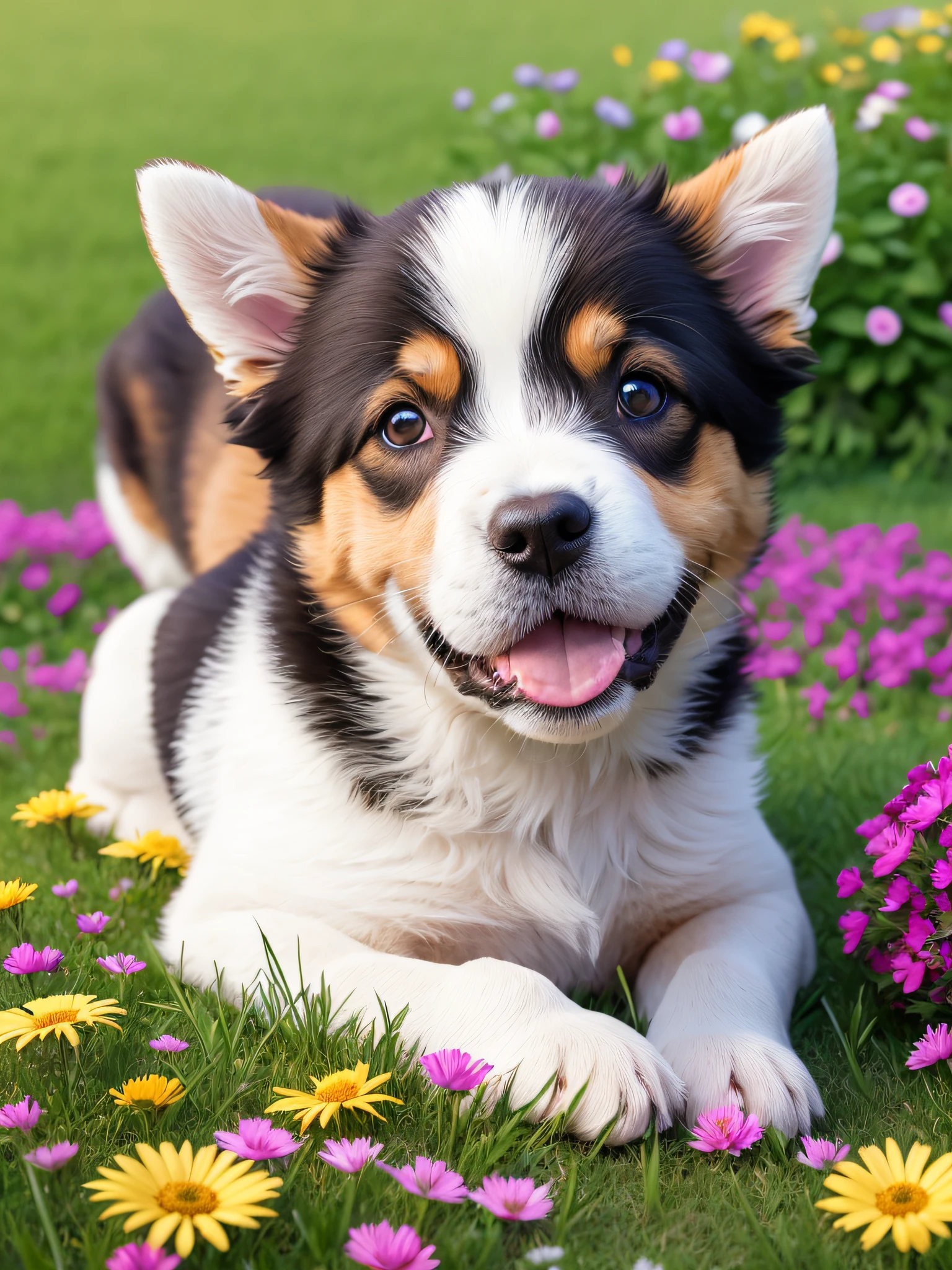 puppy, happy on riverside lawn, masterpiece, 8k, high resolution, highest texture, smiling face, real flowers in background --auto --s2
