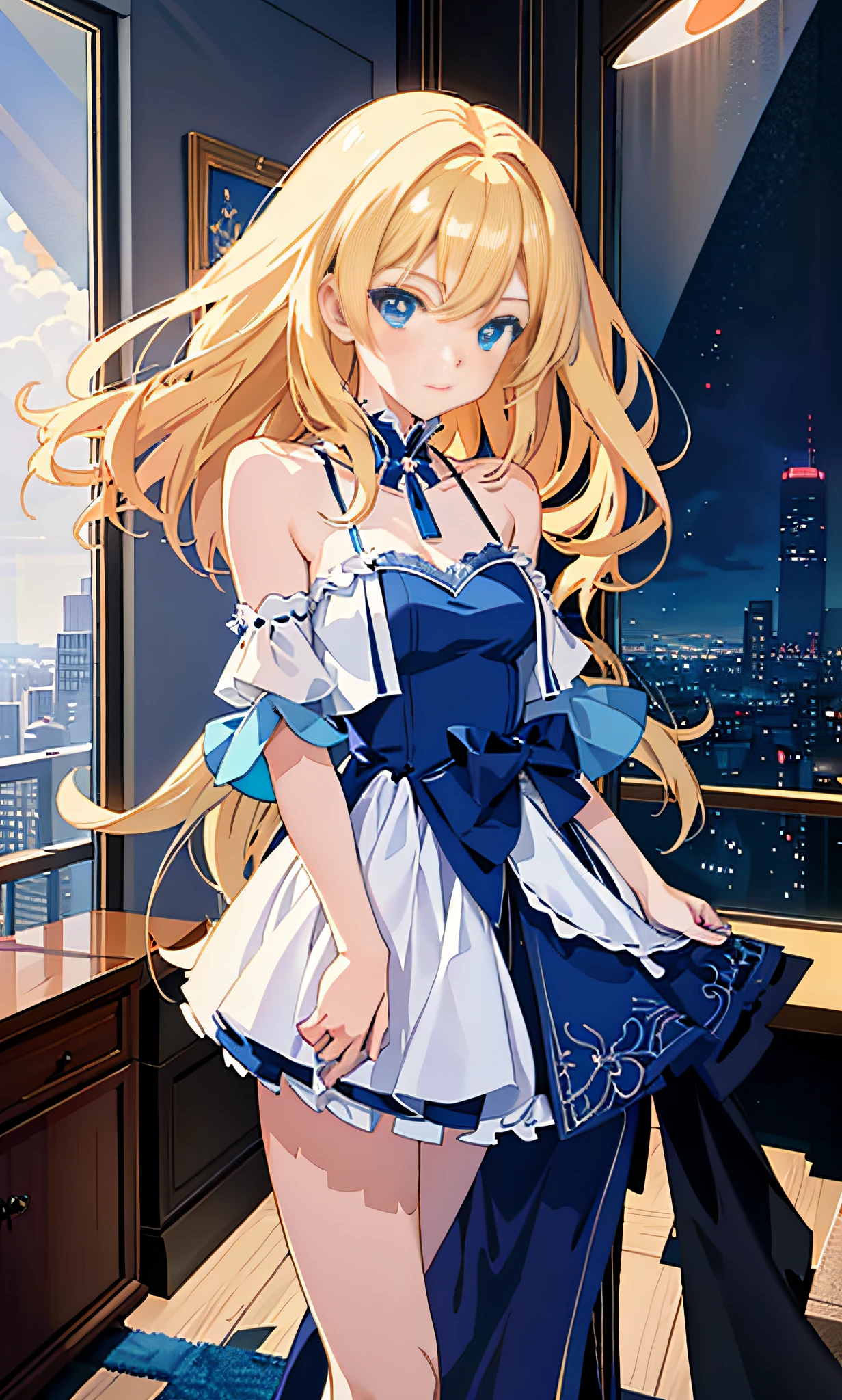 anime girl in a blue dress posing in a room with a city view, seductive anime girl, digital anime art, [ 4 k digital art ]!!, digital anime illustration, beautiful alluring anime woman, beautiful anime girl, digital art on pixiv, attractive anime girl, portrait anime girl, anime style 4 k, anime style. 8k,  in dress