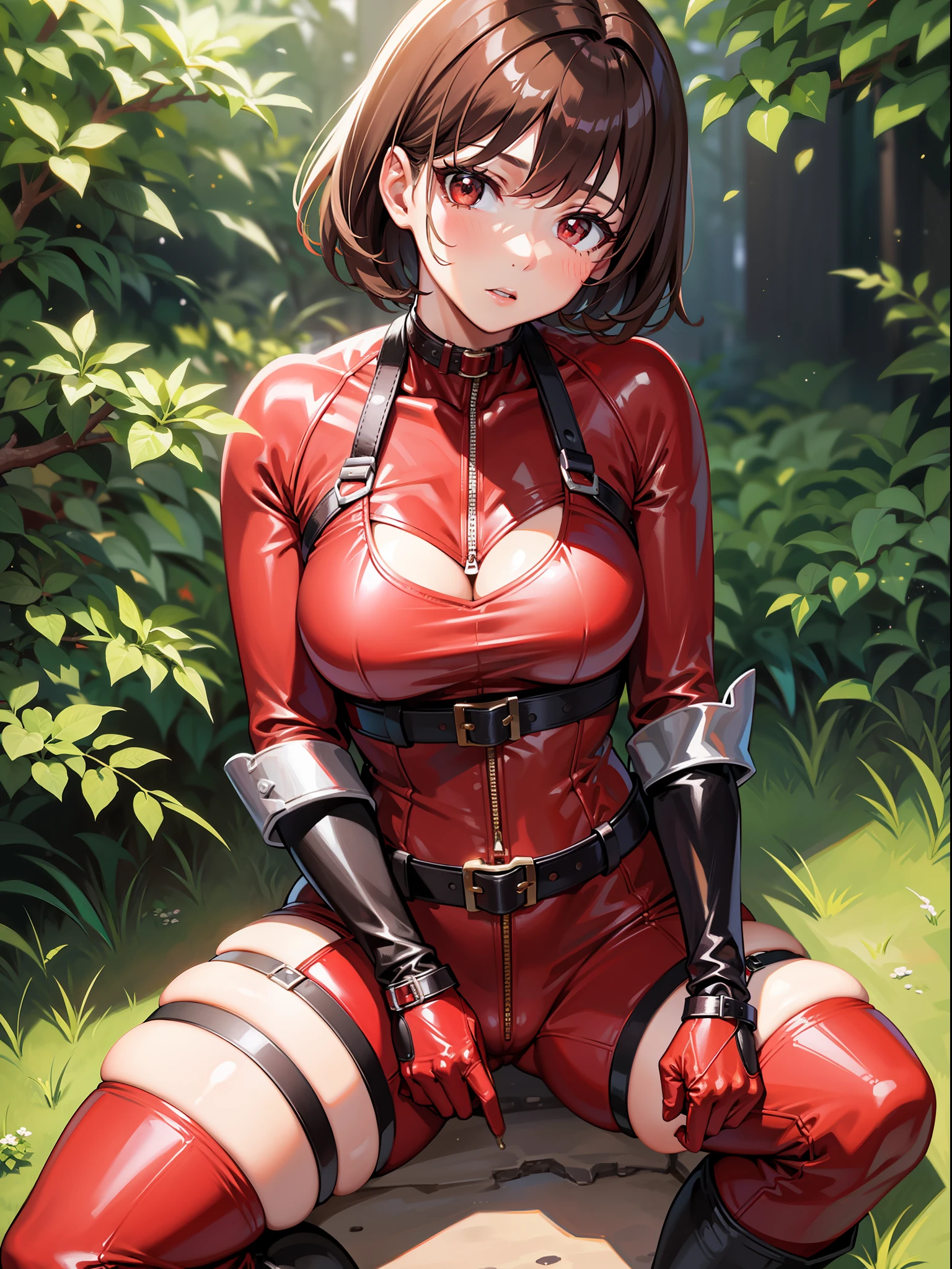 brown hair shorthair, red headband, red bodysuit, black waist belt, red boots, girl, outdoor