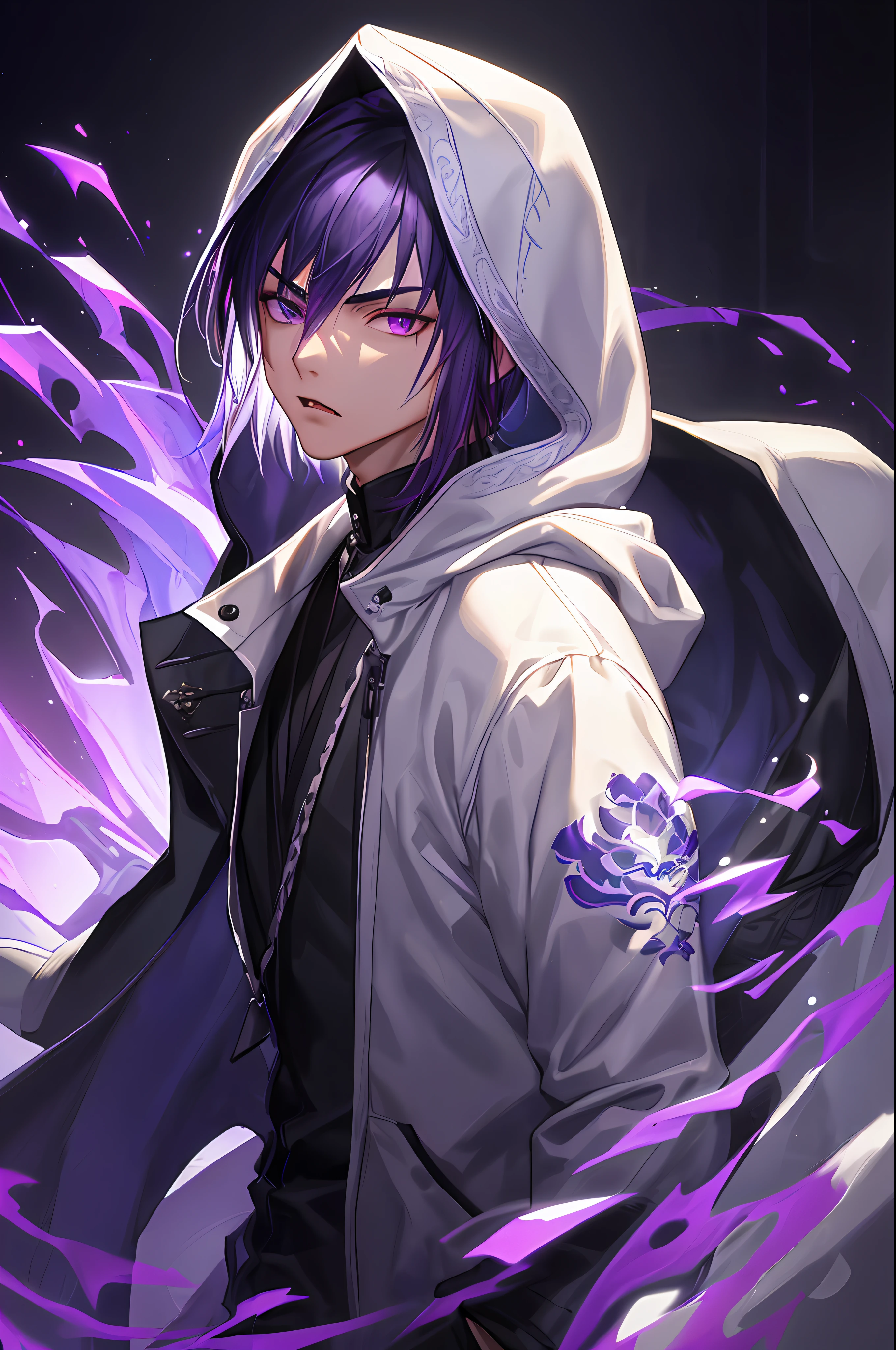 best quality, more details, masterpiece, 1boy, fang yuan, portrait, male focus, ultraviolet purple eyes, solo, fringe, looking at viewer, hood, short hair, reverend insanity\(city\), hood up,badass look,black badass clothing,high style, white hair, luxury, 8k, detailed, ray tracing, depth of field, cinematic lighting,