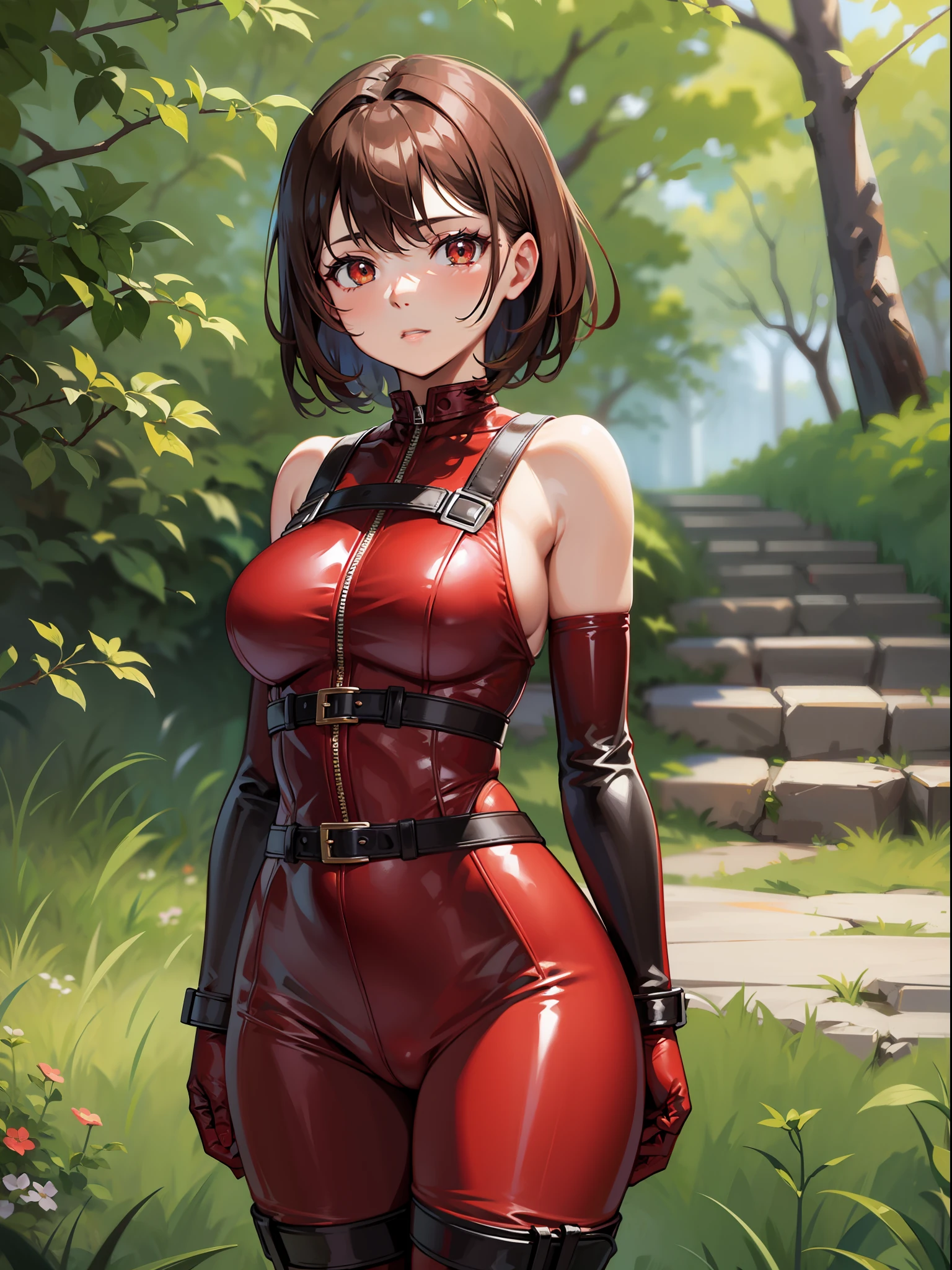 brown hair shorthair, red headband, red bodysuit, black waist belt, red boots, girl, outdoor