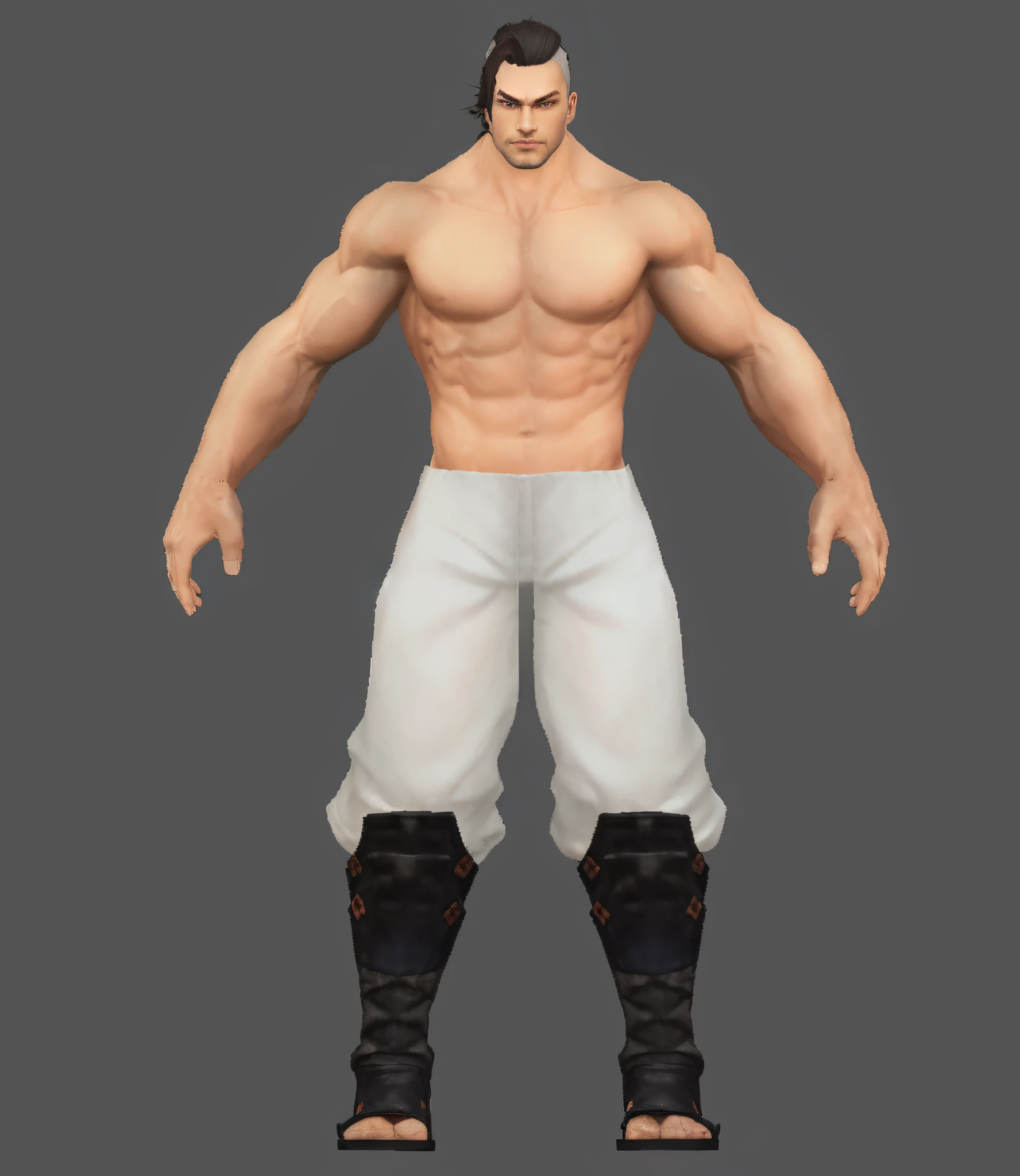 close-up of a man and a pair of sandals, muscle character, male character, fighting game character, muscle male hero, as a character in Tekken, game character, full character body, King of fighters character, highly detailed character, full body highly detailed, full body single character, 3d character model, 3d character model, full body personality