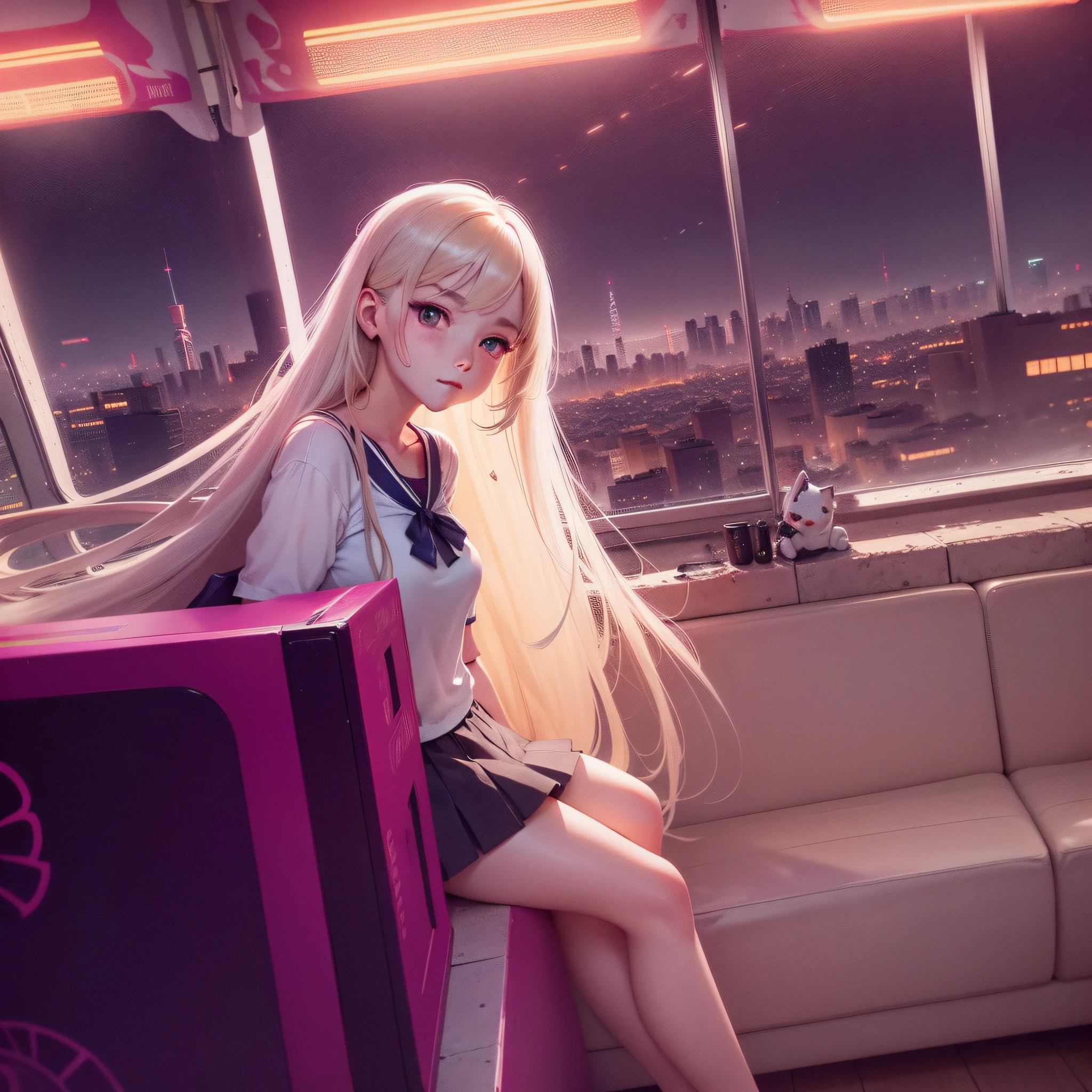 A very beautiful anime girl, full body, long hair, beautiful eyes, round face, short smile, cute top, mini skirt, sitting in a miniature city surrounded by crowds, cinematic lighting, medium shot, high detail, art stand on pop style, Unreal Engine, 4k, Stanley Atjem Liu's movie wallpaper, WLOP, Roslav James Jean, Andrea Bovichev, Maximetti, and Saki --auto --s2