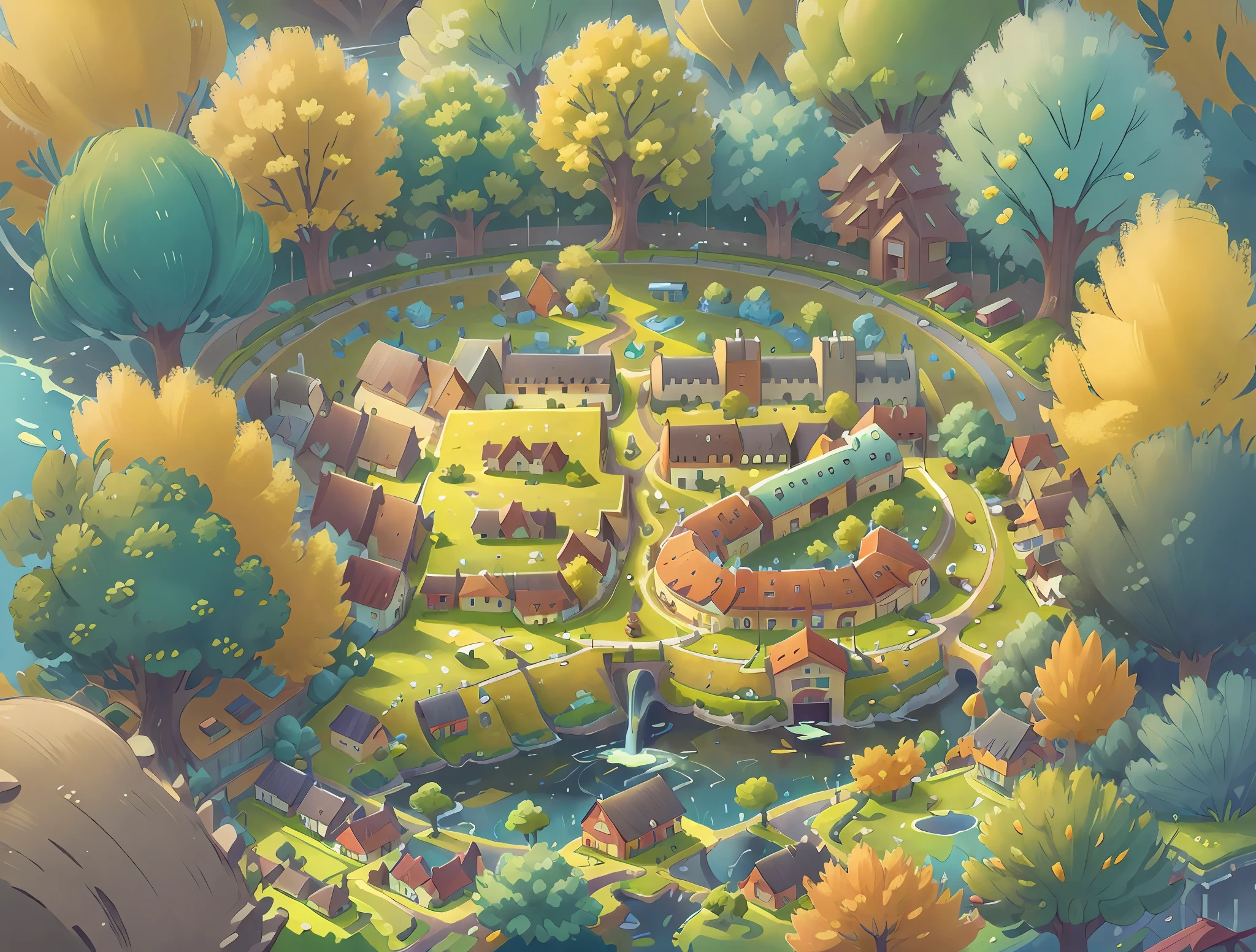 Town planning, aerial view, neighborhoods, schools, yellow trees, green trees, blue trees, with lakes, greenery, official art, unified 8k wallpaper, super detailed, beautiful and aesthetic, masterpiece