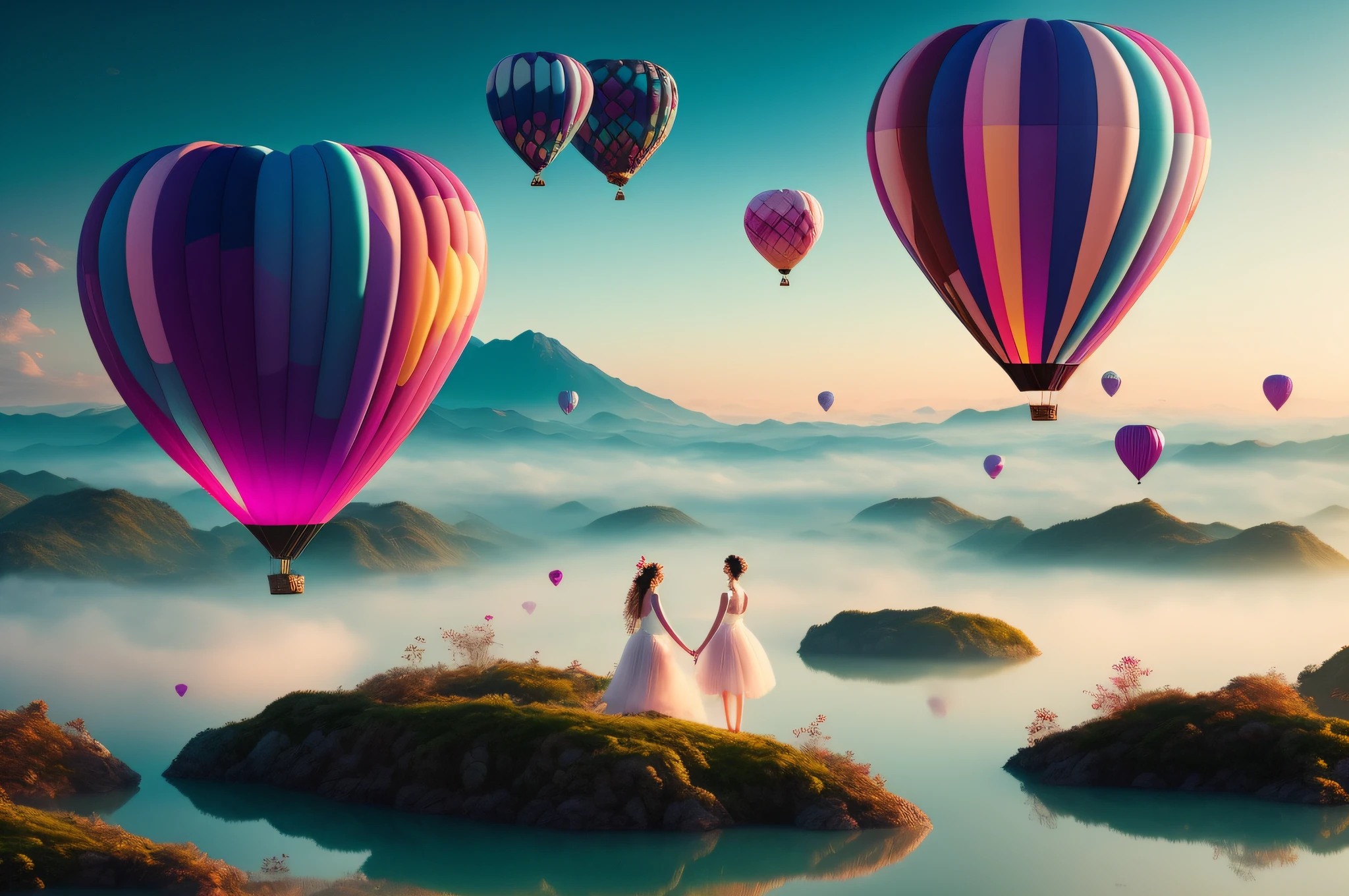 Enter a realm of awe-inspiring beauty, where small, bioluminescent heart-shaped balloons delicately float above a sea of clouds. These enchanting balloons emit a soft, ethereal glow that bathes the entire scene in a magical light. Against this breathtaking backdrop, a mesmerizing pair of nymphs emerges, their stunning beauty leaving you speechless. The composition of the image is meticulously crafted, with the nymphs placed in perfect harmony with the floating balloons, creating a visual masterpiece. The level of detail in this photograph is exceptional, capturing the intricate patterns and radiant colors of the balloons, as well as the ethereal features of the nymphs. This image is a true work of art, an exquisite creation that transports you to a world of wonder. It is captured in stunning 4K resolution, allowing every exquisite detail and breathtaking moment to be displayed in unparalleled clarity. -