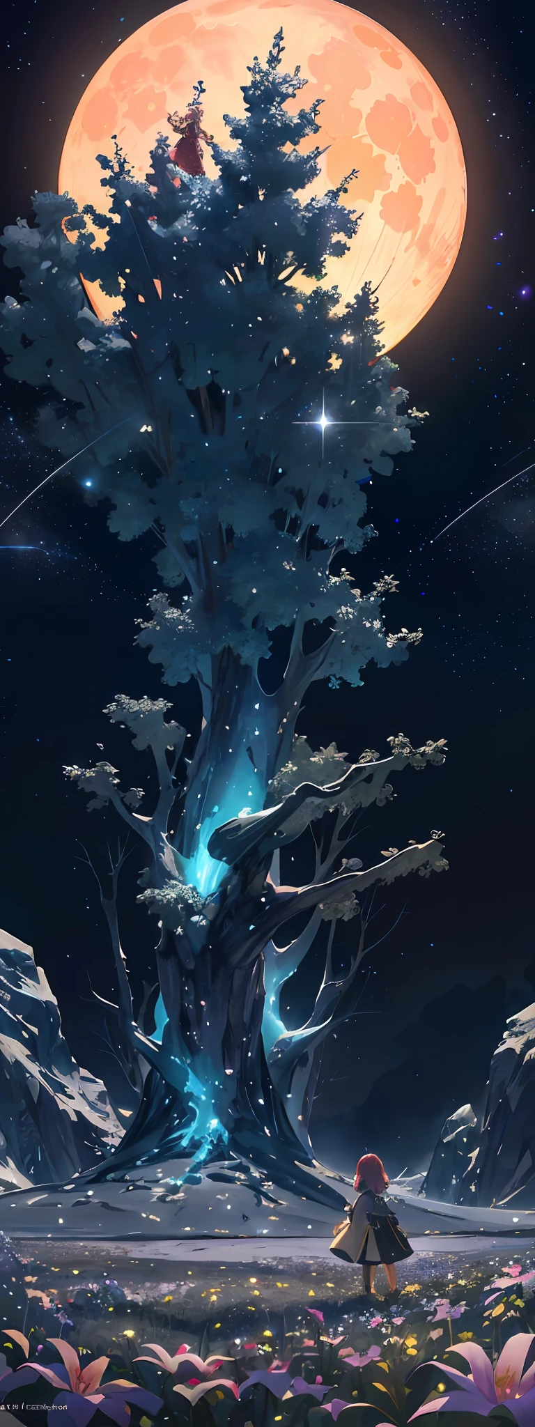 Expansive landscape photograph, (view from below with a view of the sky and wilderness below), little girl standing in a flower field looking up, (full moon: 1.2), (shooting star: 0.9), (nebula: 1.3), distant mountain, tree break production art, (warm light source: 1.2), (firefly: 1.2), lamp, purple and orange, intricate detail, volume lighting, realism break (masterpiece: 1.2) (Best Quality), 4K, Ultra-Detailed, (Dynamic Configuration: 1.4), Highly Detailed and Colorful Details, (Iridescent Colors: 1.2), (Glowing Lighting, Atmospheric Lighting), Dreamy, Magical, (Solo: 1.2)