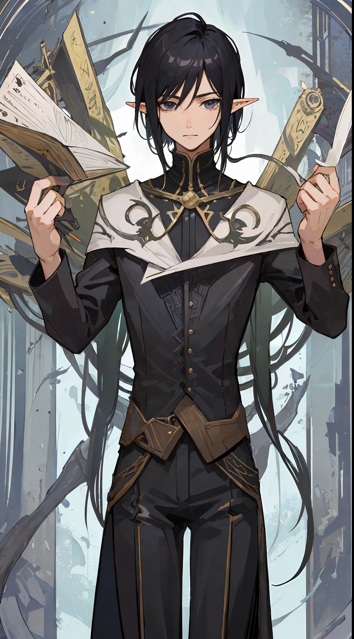 1Man half-elf, messy black hair, tan skin, sharp black eyes, wear black suit, make it like tarot anime-style but no frame