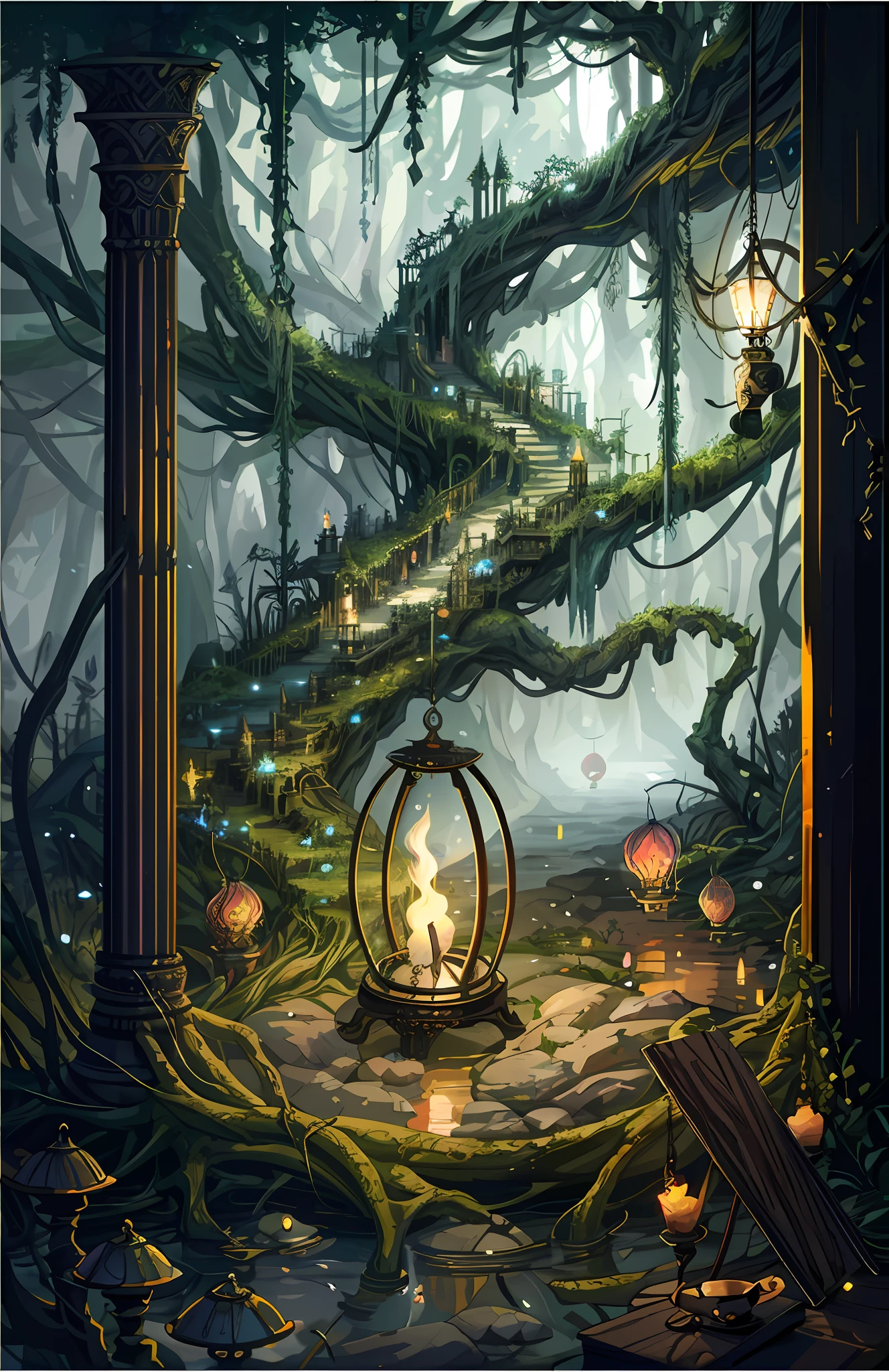 forest swamp filled with lamps candles lanterns, ghostlights, whimsical fantasy landscape art, magical concept art, magical environment, 4k highly detailed digital art, background artwork, detailed fantasy digital art, a bustling magical town, fantasy matte painting，cute, fantastical setting, fantasy painting hd, masterpiece, best quality, high quality,extremely detailed CG unity 8k wallpaper, artstation, digital illustration, intricate, trending, pastel colors, oil paiting, award winning photography, Bokeh, Depth of Field, HDR, bloom, Chromatic Aberration ,Photorealistic,extremely detailed, trending on artstation, trending on CGsociety, Intricate, High Detail, dramatic, art by midjourney