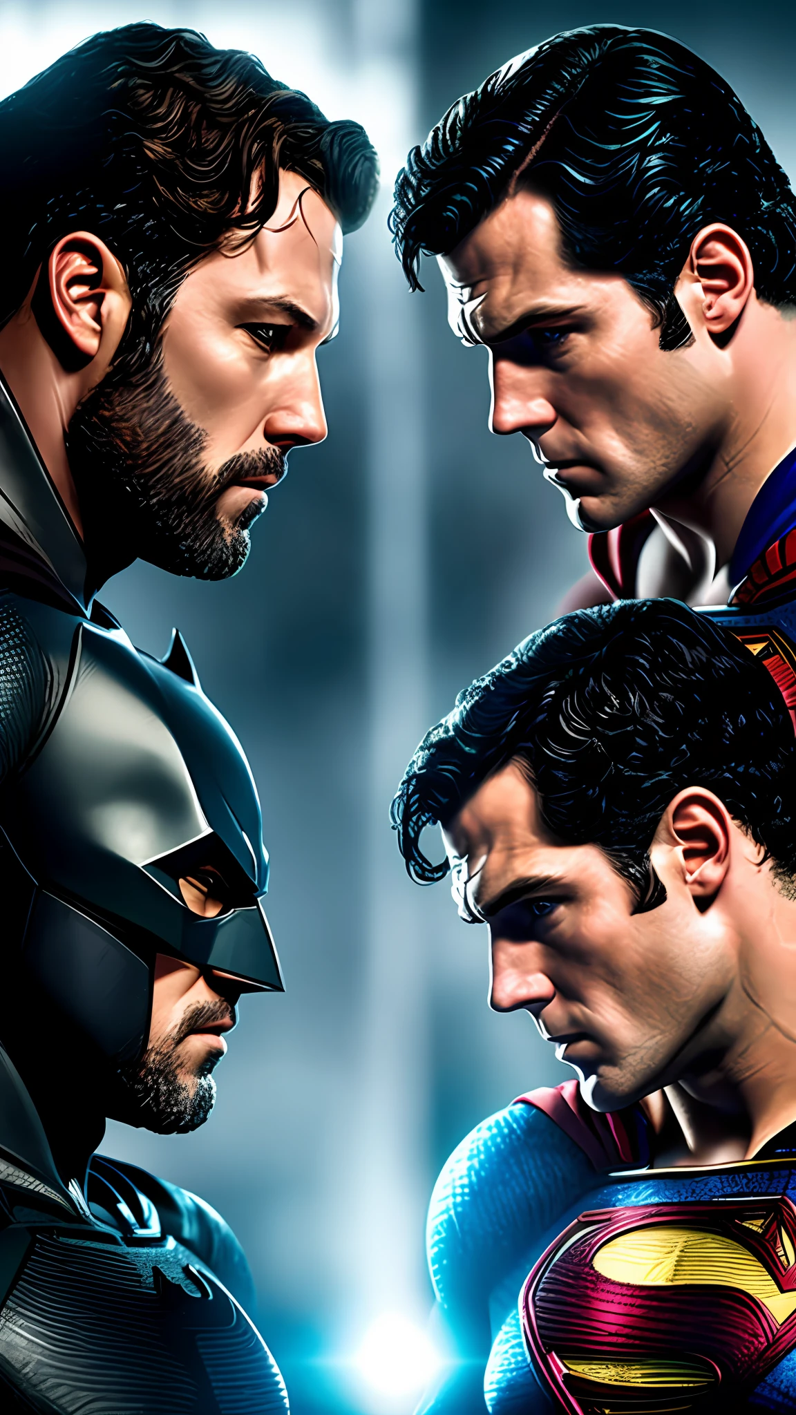 Poster 1:37 Ben Affleck's Batman versus Henry Cavill's Superman, photography, soft lighting, soft details, octane, artstation trend, ultra high detail, ultra realistic, cinematic, 16k