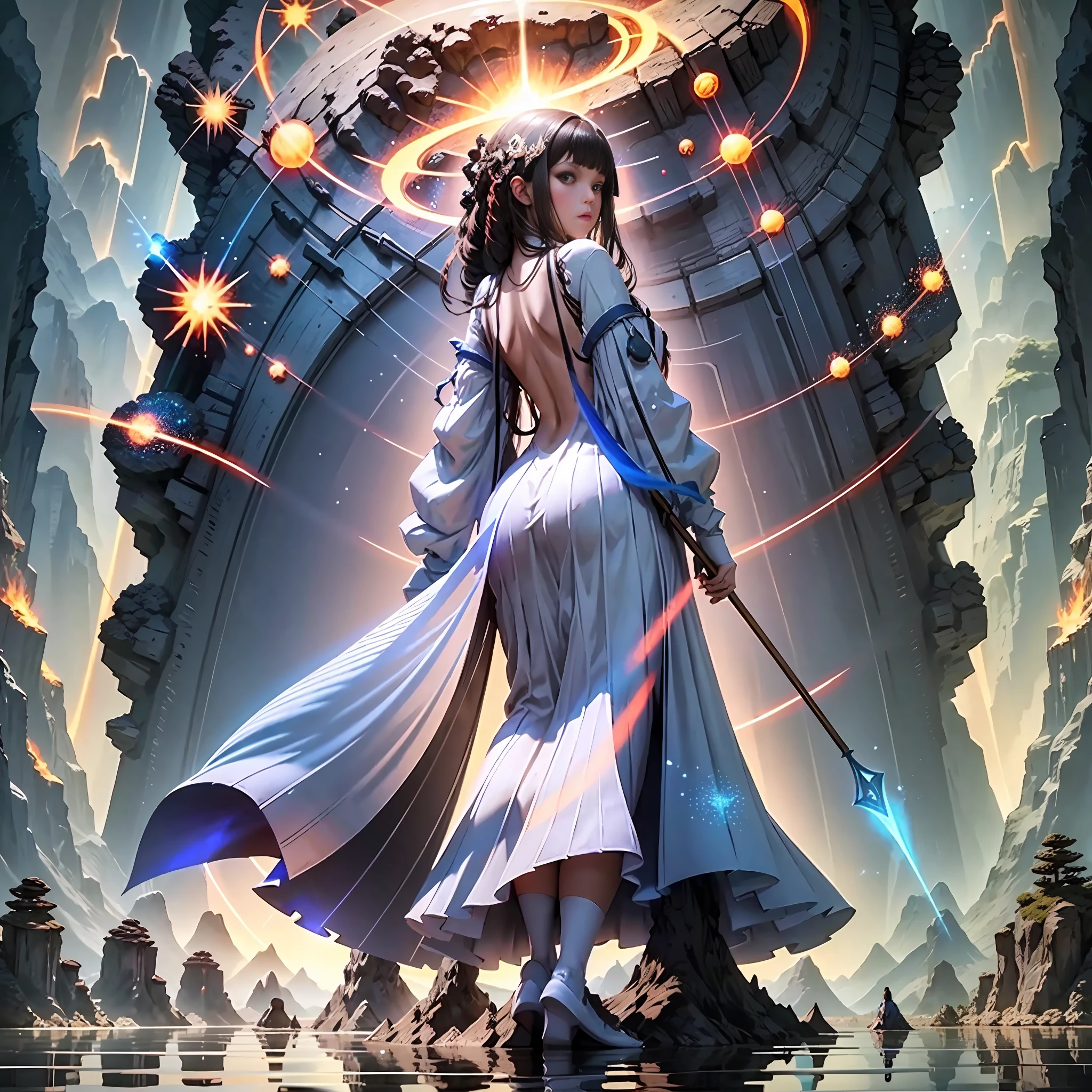 A beautiful girl in a mage dress, standing in the middle of the lake. Tall, perfectly fit, holding various light wands, spell-casting stances, air waves, huge meteorites, huge volcanic eruptions in the distance, ocean waves, shock waves, magma, Bolides, backs, mushroom clouds,