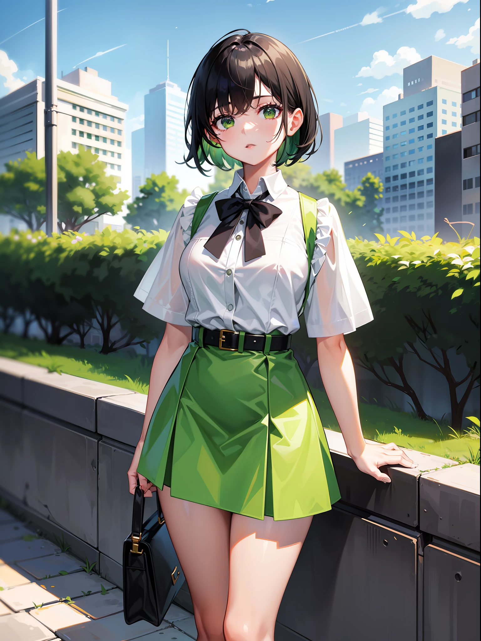 Black hair short, short green clothes with white collar sleeves, green shorts, white waist belt, white shoes, girl, outdoor