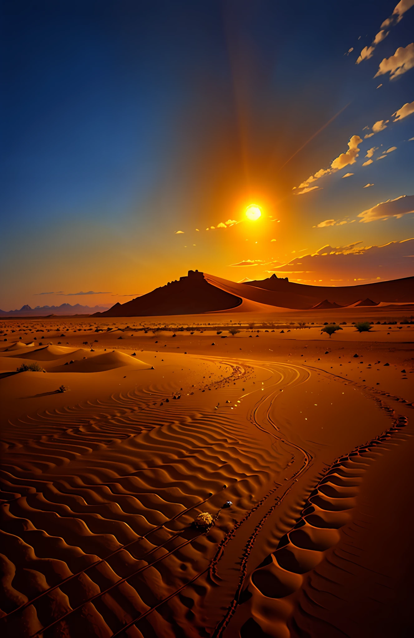 An absolutely mesmerizing sun over the sertão, desert, with a mixture of oranges, roses and yellows. Remains of dead animals in the ground. Dead ox head in the desert sand.