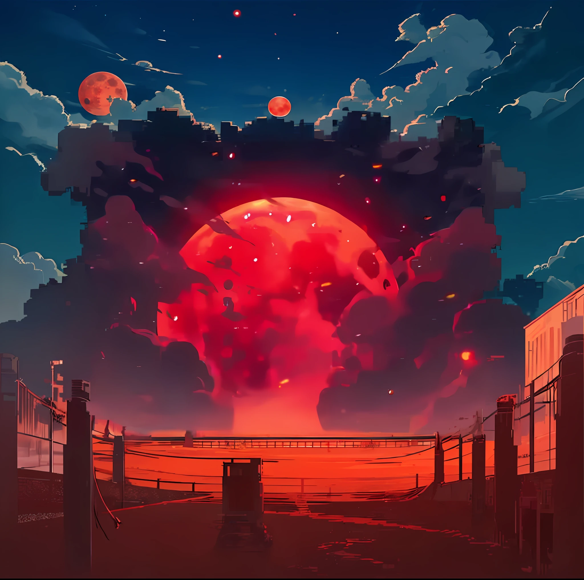 anime, anime, art, red, moon, sky, clouds, artwork, artwork, artwork, digital, artwork, digital art, digital art, blood moon background, blood moon, red moon, red sprites in the atmosphere, blood red moon, praise the blood moon, detailed crimson moon, epic red - orange moonlight, during a blood moon, huge red moon