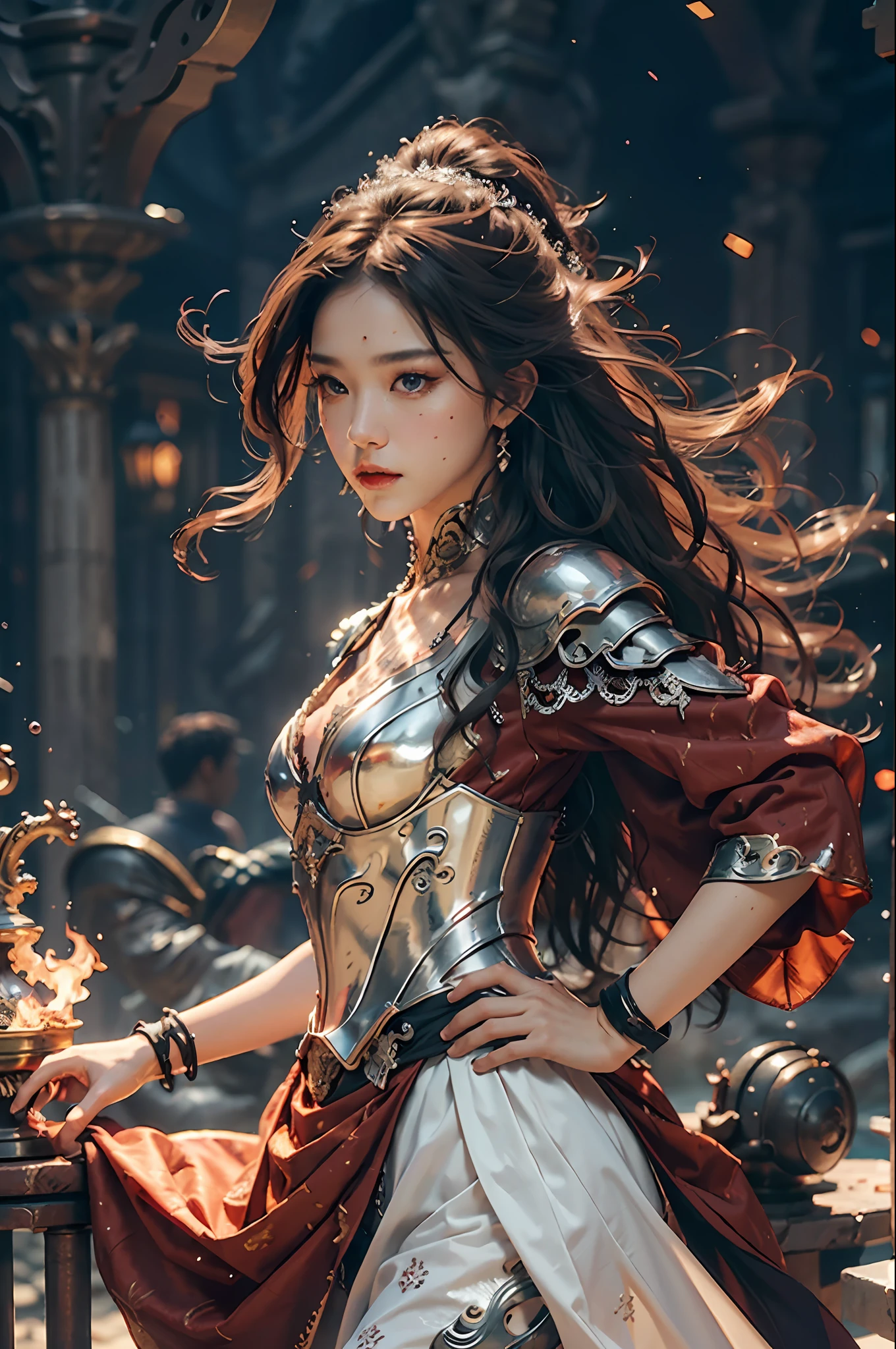 {{master piece}}, pinnacle rendering, realistic rendering, dark red rendering, metal rendering, {{color ink painting}}}, {{splash ink}}}, {{color}}, {{color}}, gorgeous rendering, best quality, illustration, flame, smoke, doomsday world, splash ink fire sea doomsday, full body, 1 girl, exquisite facial details, delicate facial features, real face, beautiful details eyes, deep pupils, broken city details, beautiful details long hair, wavy hair, broken details, transparent mechanical core, cyborg girl, details, cool, tight grooming, lace finishing, linear light costume modification, light rendering, reflection, highlight, holy light, confidence, charm, battle stance detail close-up, fire day, {filigree}, colored background, a dragon stands behind the girl, sea of fire, {tornado special effects}, beautiful details silver dragon armor, (cold face, confident) great depth, depth of field, 360° panoramic picture, fierce and magnificent battle scenes, broken mirrors, fingers all hidden and not displayed, small mouth closed