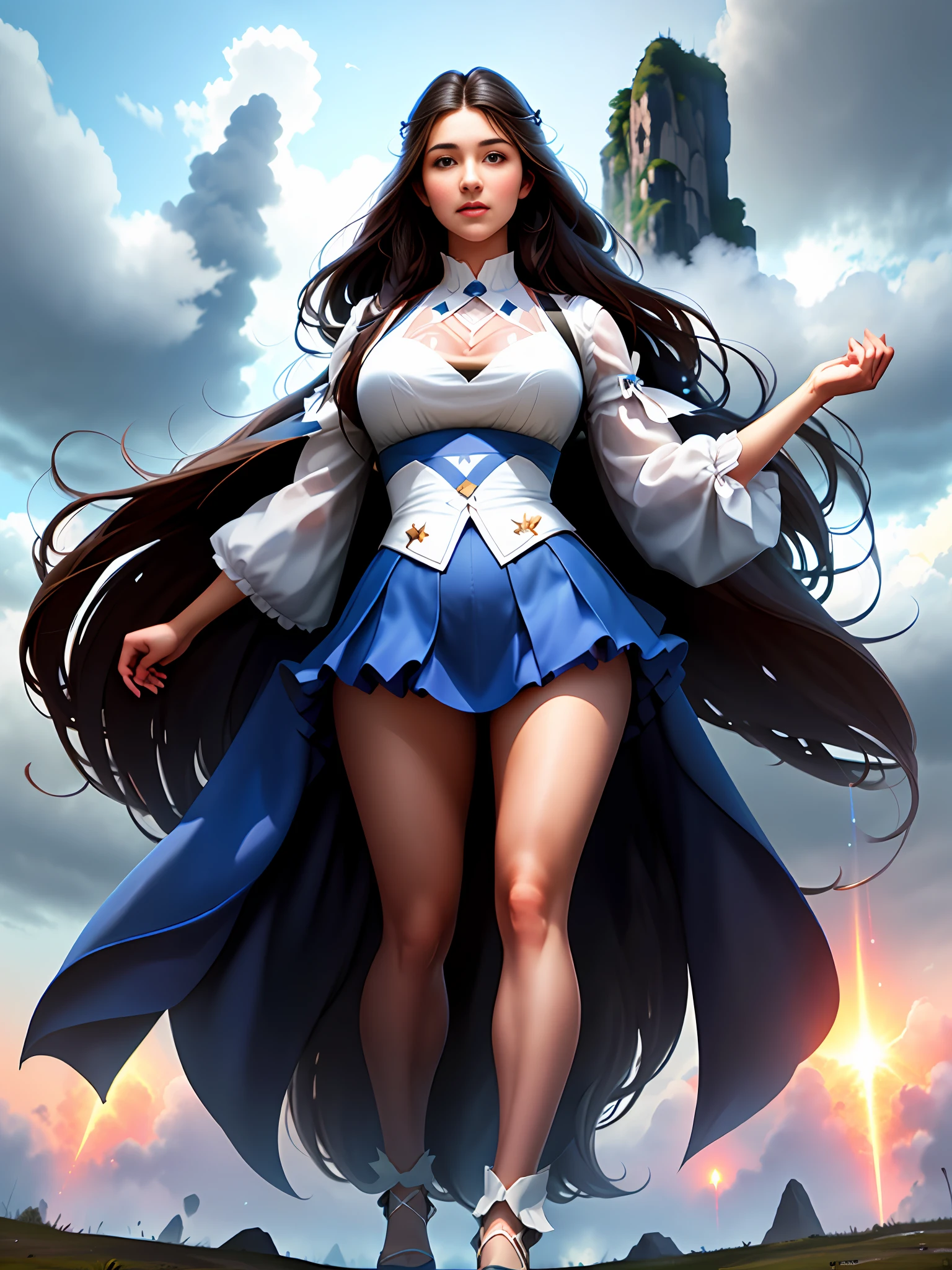 Woman, Strong, long hair hanging on the ground like a waterfall, abs, thick legs, huge breasts, huge buttocks, sexy, character realism, realism. Exaggerated body proportions, ((high)),towering into the clouds,(into the atmosphere) 10,000-meter giant, huge, huge, huge, excited, huge, towering into the clouds, full body, thick thighs, wide hips, equal proportion of feet, looking down and under the feet are short houses, digital painting, full body shot (perfect hands: 1.5)