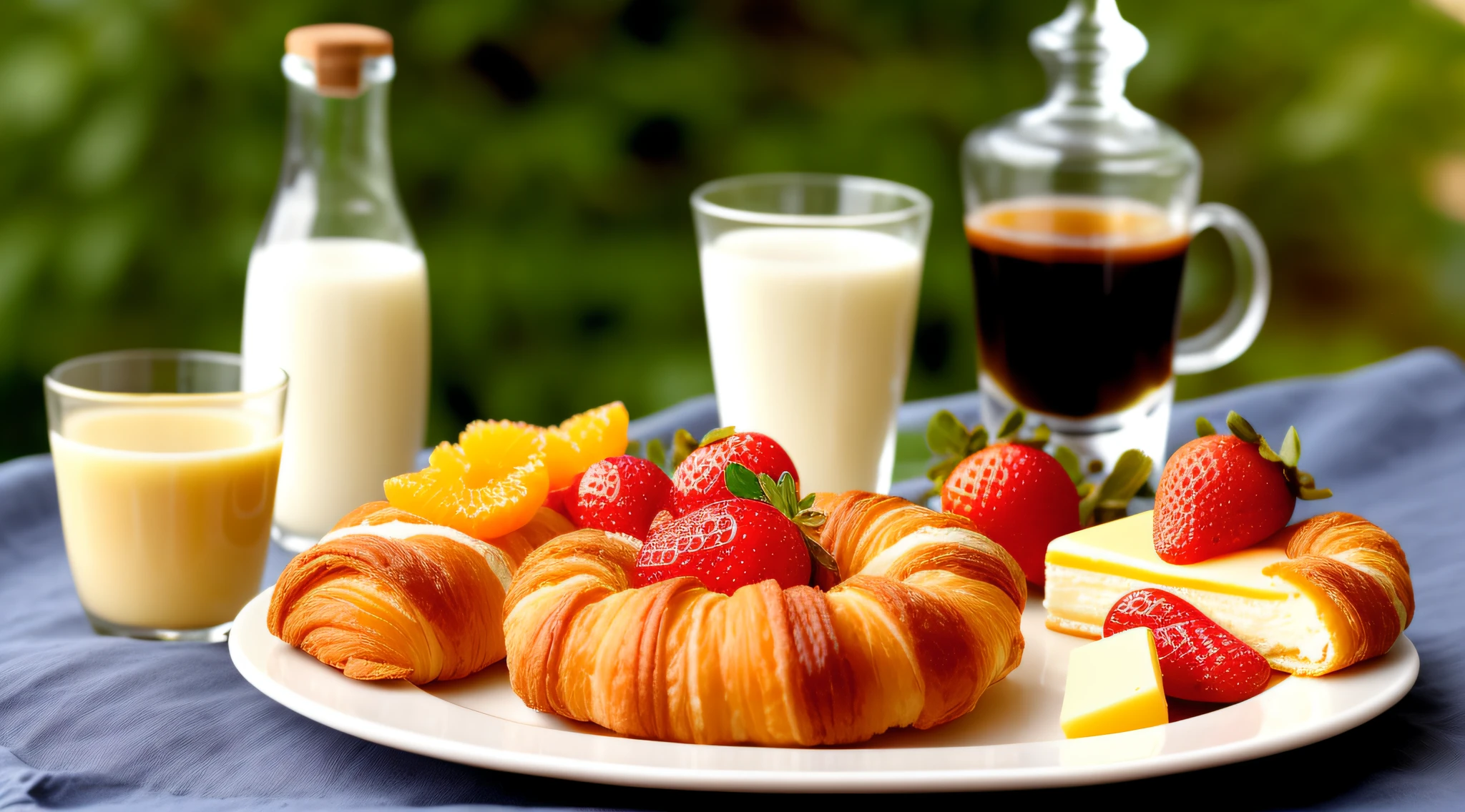 (extremely realistic, delicate), (touch of soft sunlight), breakfast scene, fresh grapes and strawberries, (crispy French croissant), a small slice of delicious-looking cheese and a small bottle of freshly squeezed orange juice, hot espresso in a cup