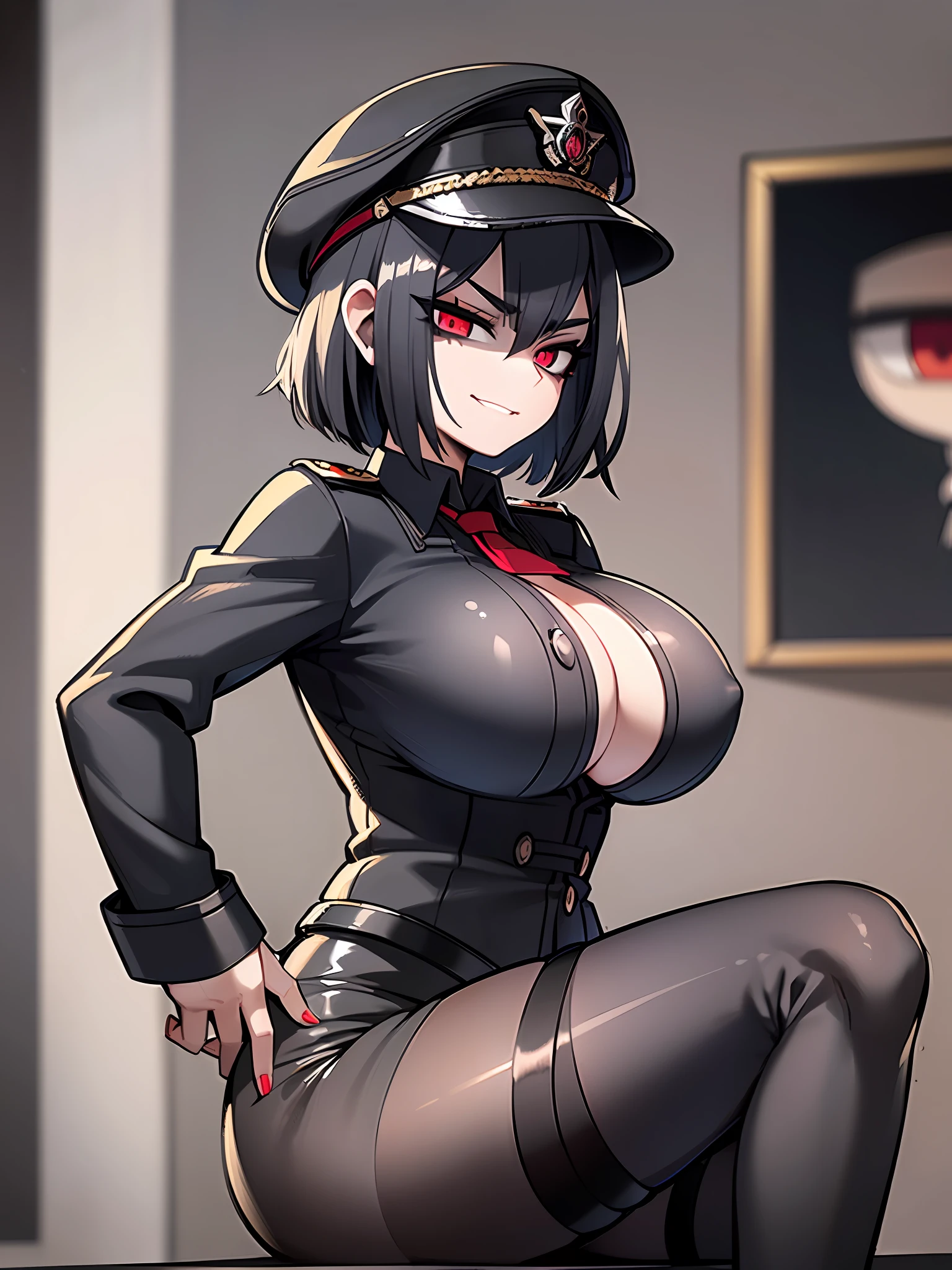 ((Masterpiece, top quality, super definition, ultra definition)), Solo, Full Body, (27-year-old Gothic woman in black leather German official uniform), wearing an army leather hat, (((Clear expression of body unevenness)), looking at the camera, (sitting with her back to the wall and bent knees), female body, nipple shape stands out, large breasts, red eyes, black hair bob, front zoom, horizontal seat, yandere, strong makeup, constricted pupils, blank stare, deep shadows, SFW, dark, detailed hands, tall woman, sadistic smile quite present, sharp focus, dynamic angle, deep shadows, 8k resolution