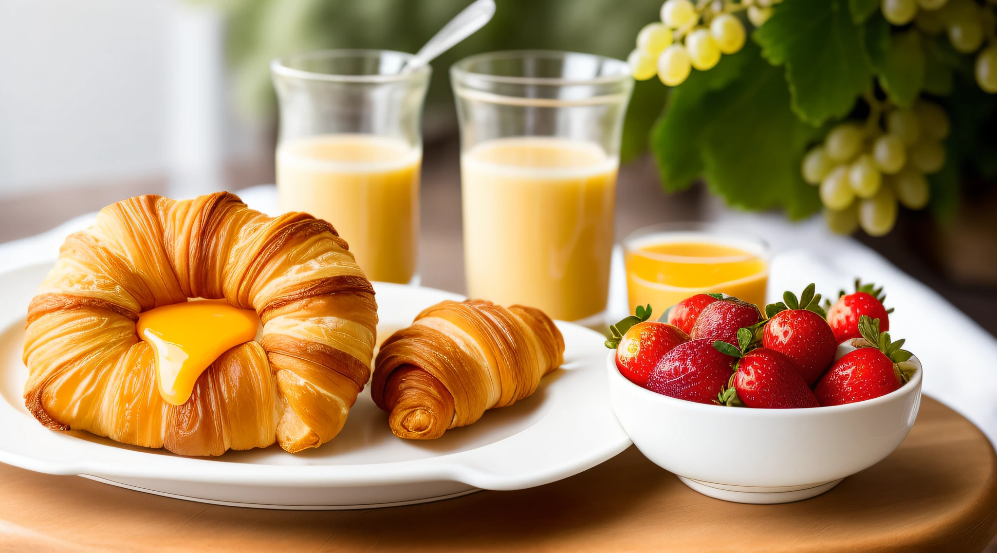 (extremely realistic, delicate), (touch of soft sunlight), breakfast scene, fresh grapes and strawberries, (crispy French croissant), a small slice of delicious-looking cheese and a small bottle of freshly squeezed orange juice, hot espresso in a cup