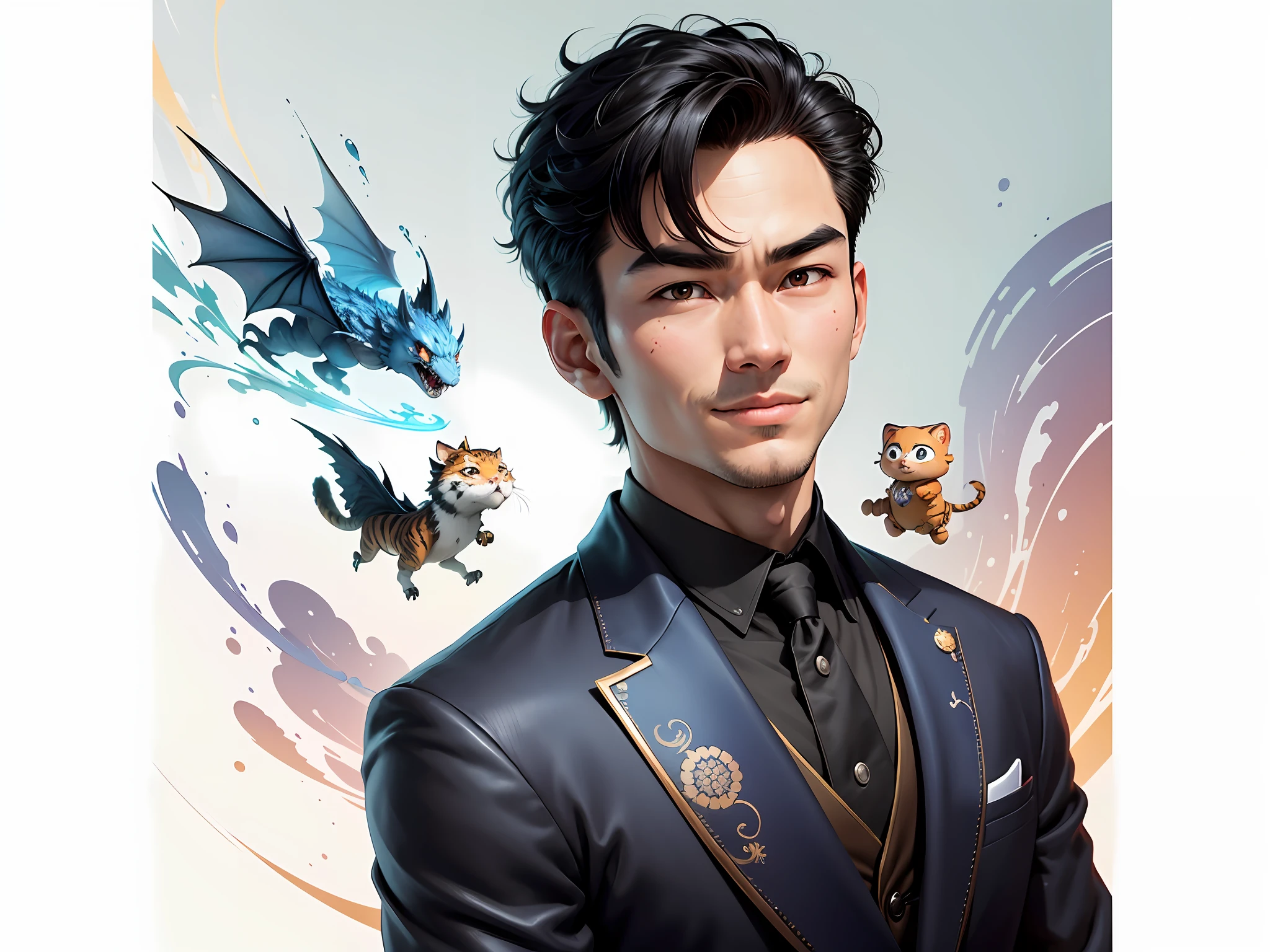 (Masterpiece), (Excellent), (Super Meticulous), (Full Body: 1.2), Super Young Man, Oriental Face, Japanese Kimono, Japanese Wind Thunder God, Dragon, Tiger, TV Anchor, Bust Portrait Illustration, Alone, Black Suit, Blue Tie, Slightly Chubby Face, Very Clean Face, No Beard, Black Super Short Hair, Black Eyes, Confident Smile, 3c Computer Sub-Products, iPad, iPhone, Digital Painting, 3D Character Design by Akira Toriyama and Mark Claireden and Pixar and Hayao Miyazaki, The illustration is a high-definition illustration in 4K resolution with very detailed facial features and cartoon-style visuals.