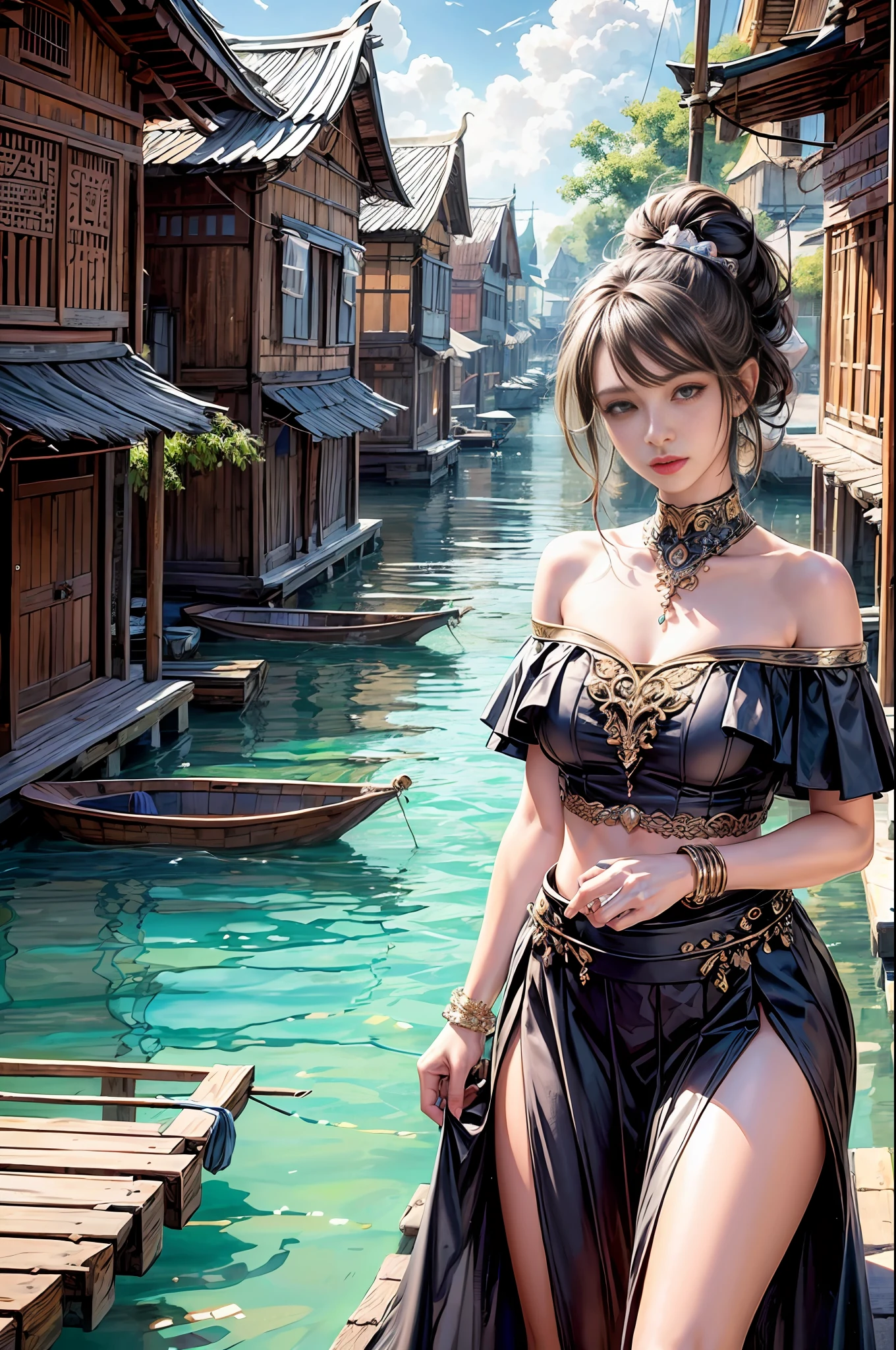 (masterpiece), (intricate details), (photorealistic:1.3), (perfect ???????), 1girl, Off-the-shoulder top, Satin maxi skirt with pleated detailing and side slit, Floating Village, Village, Floating, Water, Community, fisheye,