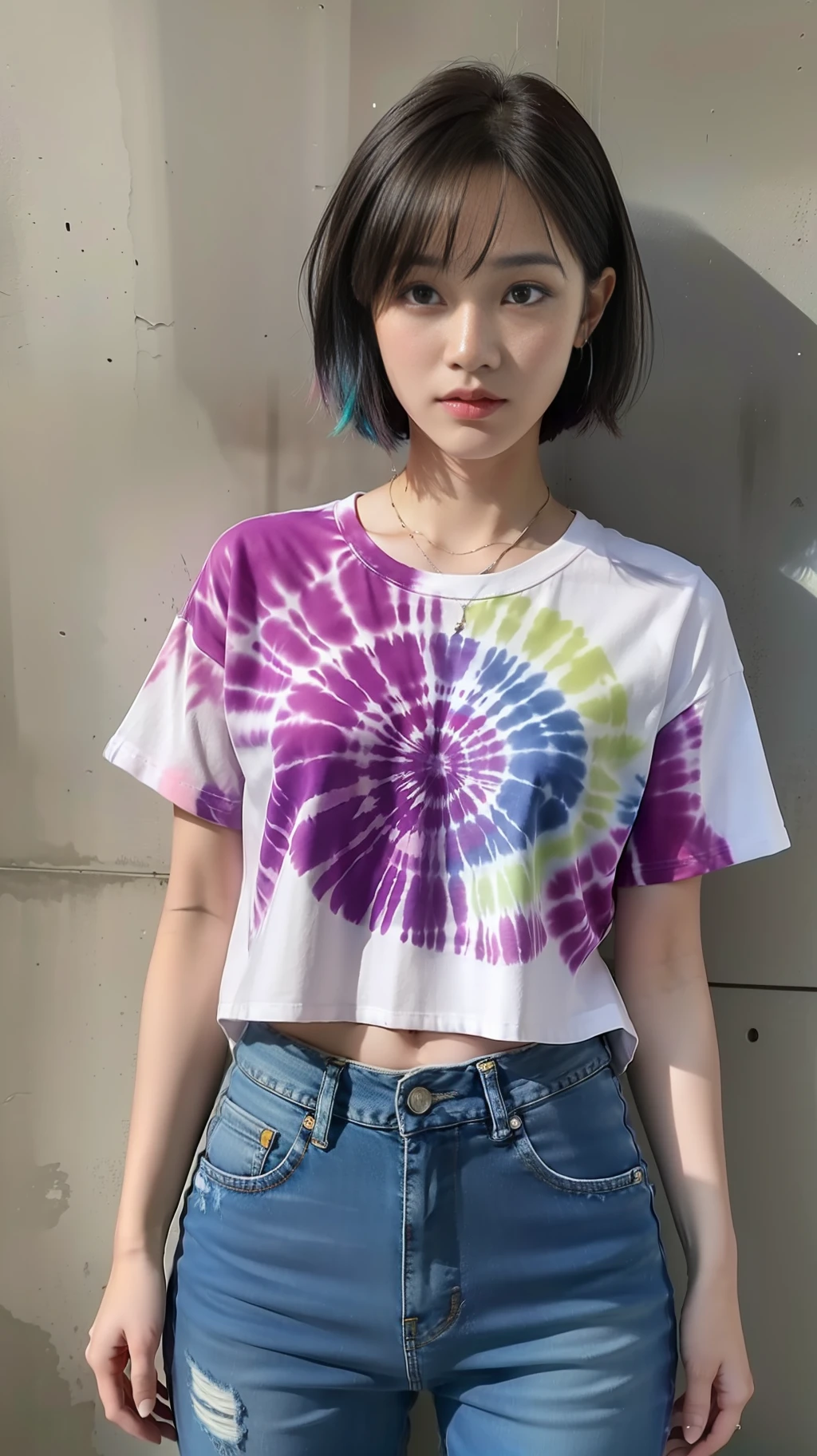 Full body photo, a beauty, wearing tie-dye T-shirt, denim cropped pants Short hair HD picture quality, masterpiece detail, large aperture, nikon, film, realistic, best quality, realistic, realistic, best quality, masterpiece, very delicate beautiful, very detailed, fine detail, ultra detail, high resolution, very detailed, real, ultra hd, best quality, ultra hd, (realistic: 1.4), high quality texture
