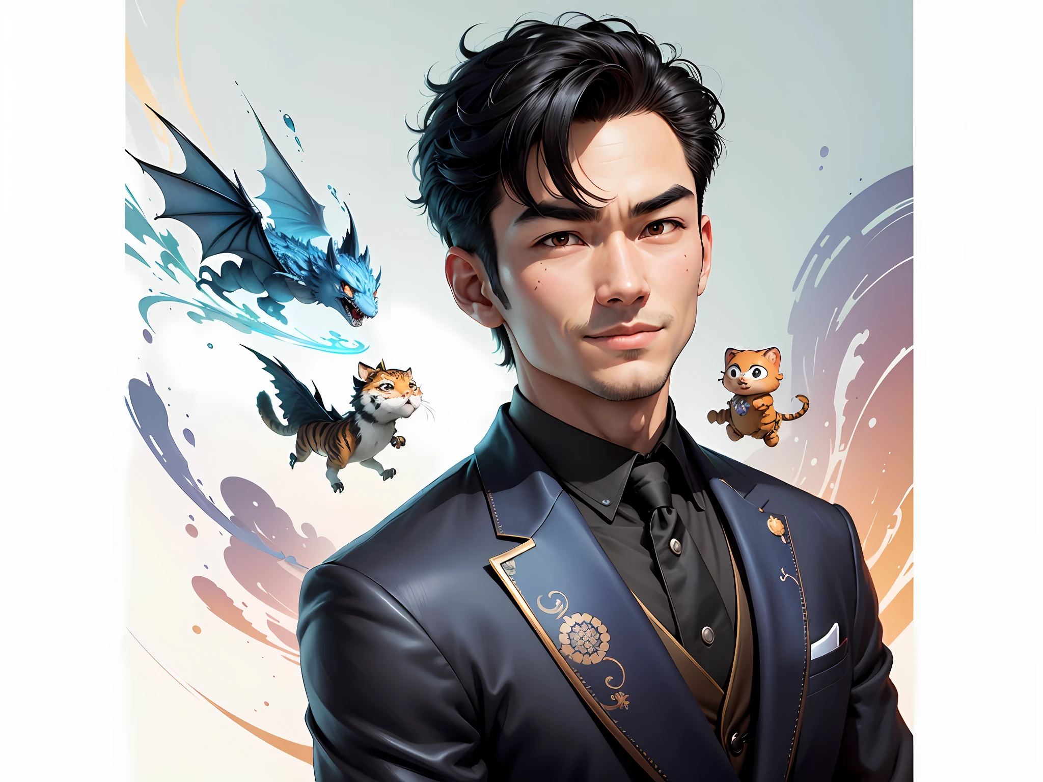 (Masterpiece), (Excellent), (Super Meticulous), (Full Body: 1.2), Super Young Man, Oriental Face, Japanese Kimono, Japanese Wind Thunder God, Dragon, Tiger, TV Anchor, Bust Portrait Illustration, Alone, Black Suit, Blue Tie, Slightly Chubby Face, Very Clean Face, No Beard, Black Super Short Hair, Black Eyes, Confident Smile, 3c Computer Sub-Products, iPad, iPhone, Digital Painting, 3D Character Design by Akira Toriyama and Mark Claireden and Pixar and Hayao Miyazaki, The illustration is a high-definition illustration in 4K resolution with very detailed facial features and cartoon-style visuals.