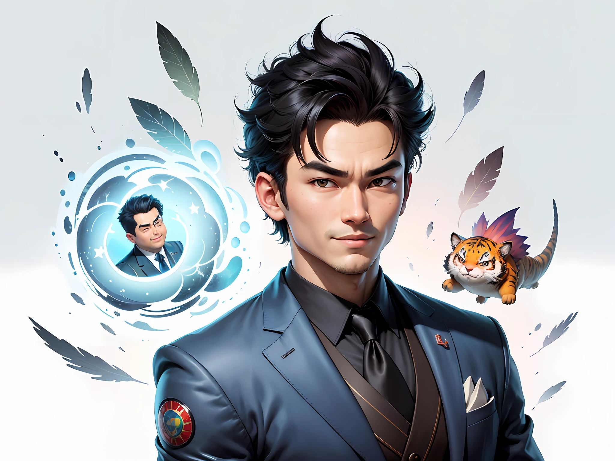 (Masterpiece), (Excellent), (Super Meticulous), (Full Body: 1.2), Super Young Man, Oriental Face, Japanese Kimono, Japanese Wind Thunder God, Dragon, Tiger, TV Anchor, Bust Portrait Illustration, Alone, Black Suit, Blue Tie, Slightly Chubby Face, Very Clean Face, No Beard, Black Super Short Hair, Black Eyes, Confident Smile, 3c Computer Sub-Products, iPad, iPhone, Digital Painting, 3D Character Design by Akira Toriyama and Mark Claireden and Pixar and Hayao Miyazaki, The illustration is a high-definition illustration in 4K resolution with very detailed facial features and cartoon-style visuals.