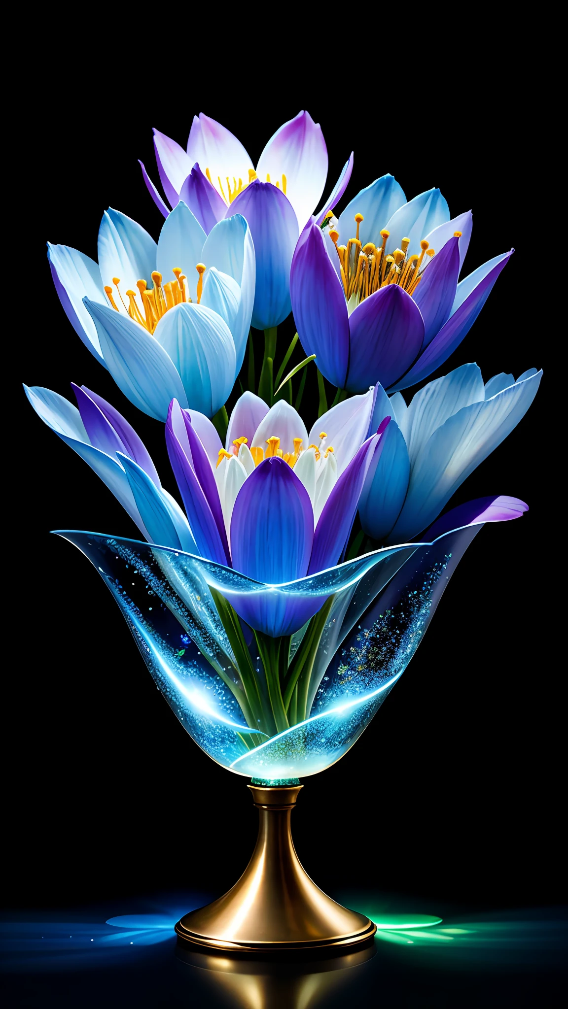 A bouquet of delicate flowers, blue, ultra-transparent, holy light, beautiful spectral light, petals glowing, petals moist, shimmering, dark background, dripping transparent, reflected light, bright, light inflow, optics, profile portrait, sharp focus, magic, intricate, surreal, fantasy, composition, light, art station trend, pearl, silver vapor patron cloud, corrosive surround ray family, 8K, Magic Air 23v4 on the lamp