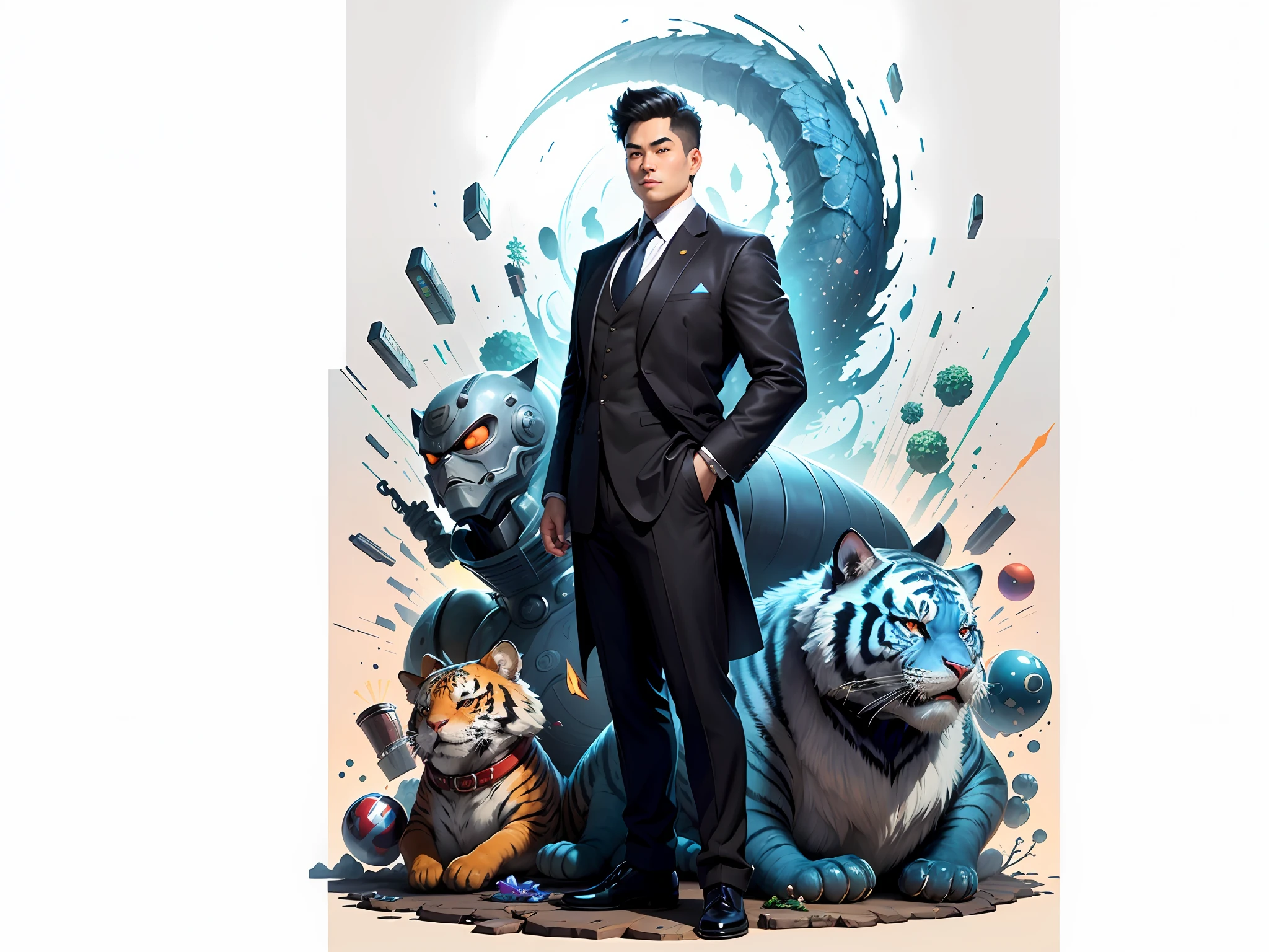 (Masterpiece), (Excellent), (Super Meticulous), (Full Body: 1.2), Super Young Man, Oriental Face, Japanese Kimono, Japanese Wind Thunder God, Dragon, Tiger, TV Anchor, Bust Portrait Illustration, Alone, Black Suit, Blue Tie, Slightly Chubby Face, Very Clean Face, No Beard, Black Super Short Hair, Black Eyes, Confident Smile, 3c Computer Sub-Products, iPad, iPhone, Digital Painting, 3D Character Design by Akira Toriyama and Mark Claireden and Pixar and Hayao Miyazaki, The illustration is a high-definition illustration in 4K resolution with very detailed facial features and cartoon-style visuals.