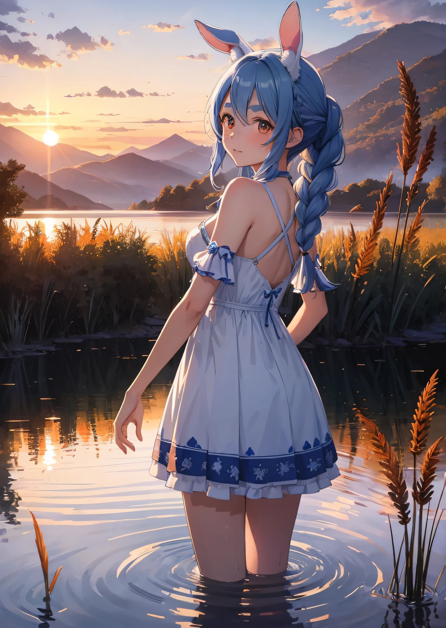 (人物: Usada Pekora), bunny girl, blue hair, twin braids, a girl, solo, masterpiece, best quality, ultra-detailed, illustration, ink, beautiful detailed water, beautiful detailed face, intricate detail, fluttered detailed splashs, highres, detailed light, (1 girl:1.5), solo, autumn, (sunset:1.4), (orange and dark blue sky), clear sky, (from below:0.4), (reed:1.5), dark, slim, aqua eyes, water drop on face, standing in a lake, (legs in water), hands behind back, look at sky, reflection, lake, reed, mountains in distance, nature, rocks, cliffs, river, clouds and stars, clouds between mountainside, clear sky, remote,