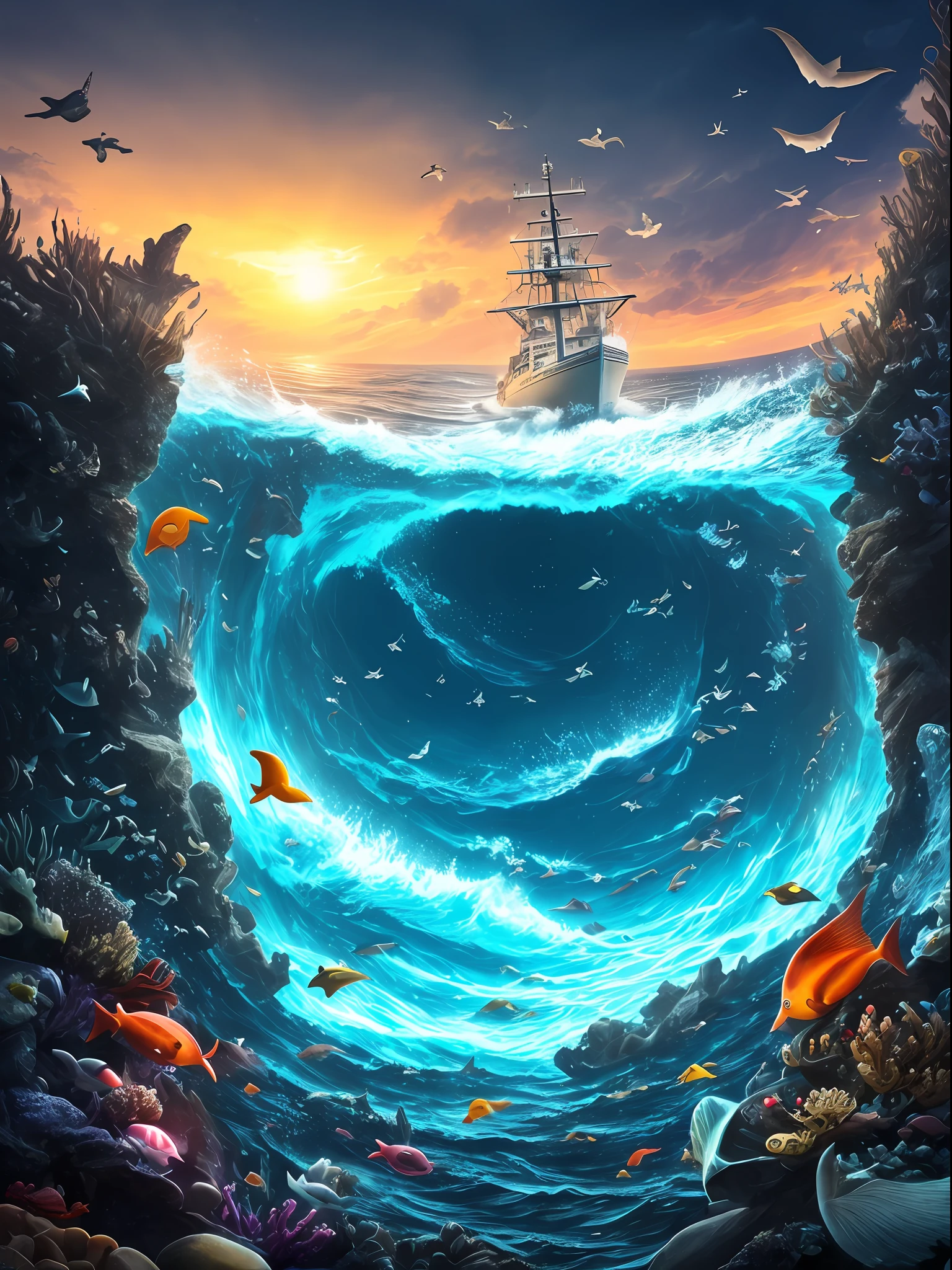 The ship is in the center of the ocean, dark night, violent storms, HD, mermaid, orange thunder background, best quality, some rocks around, rocks, best ship, mermaid on ocean, best mermaid, 16k, big ship, ship close to camera, Birds fly around, birds, night time, best lights, octane