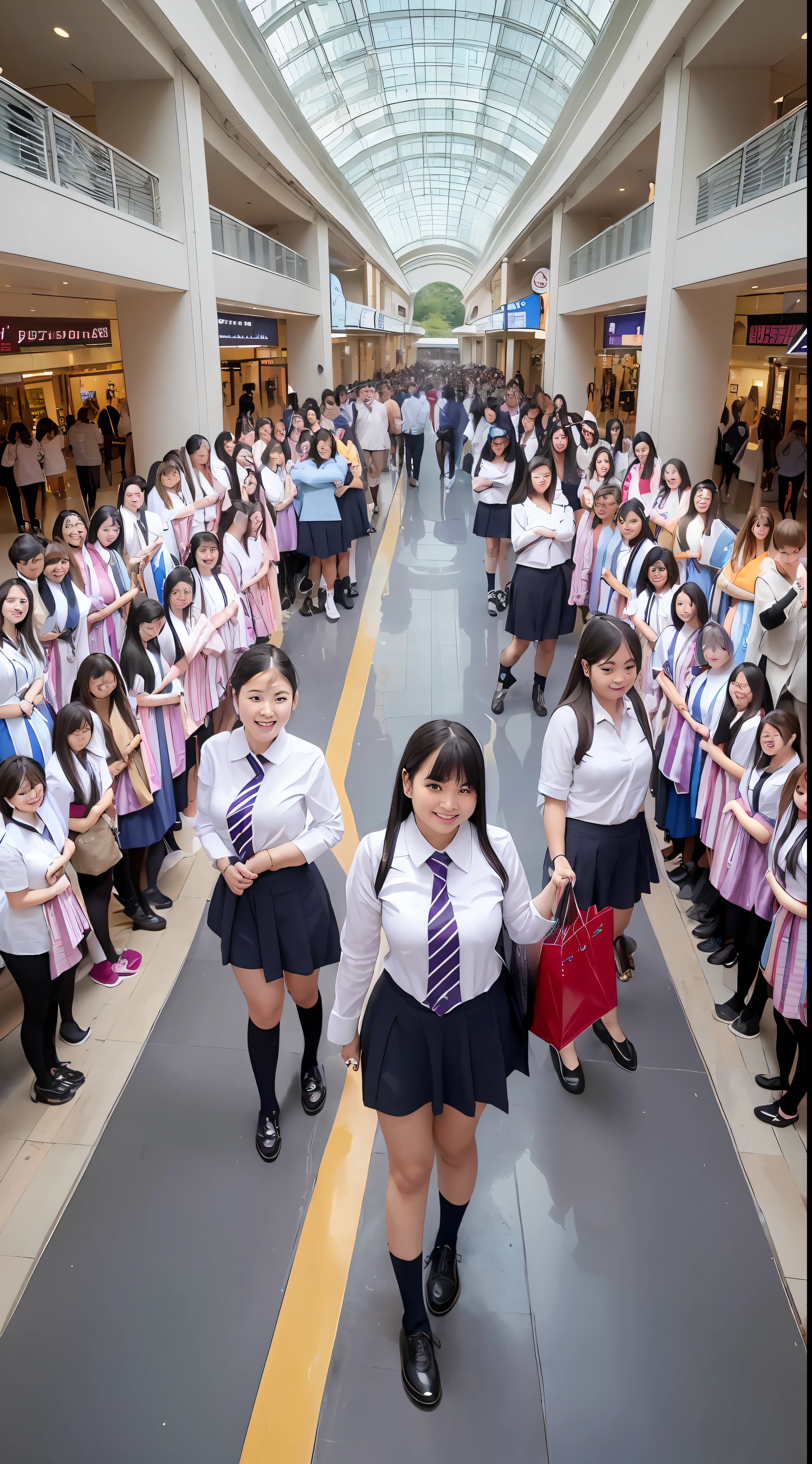 Top quality, smile, happiness, school uniform, ((full body)))), black hair, cute, (Crowd of giant women, average height 5m, tall, huge, big)), large shopping mall, ((((Comparison, group photo))