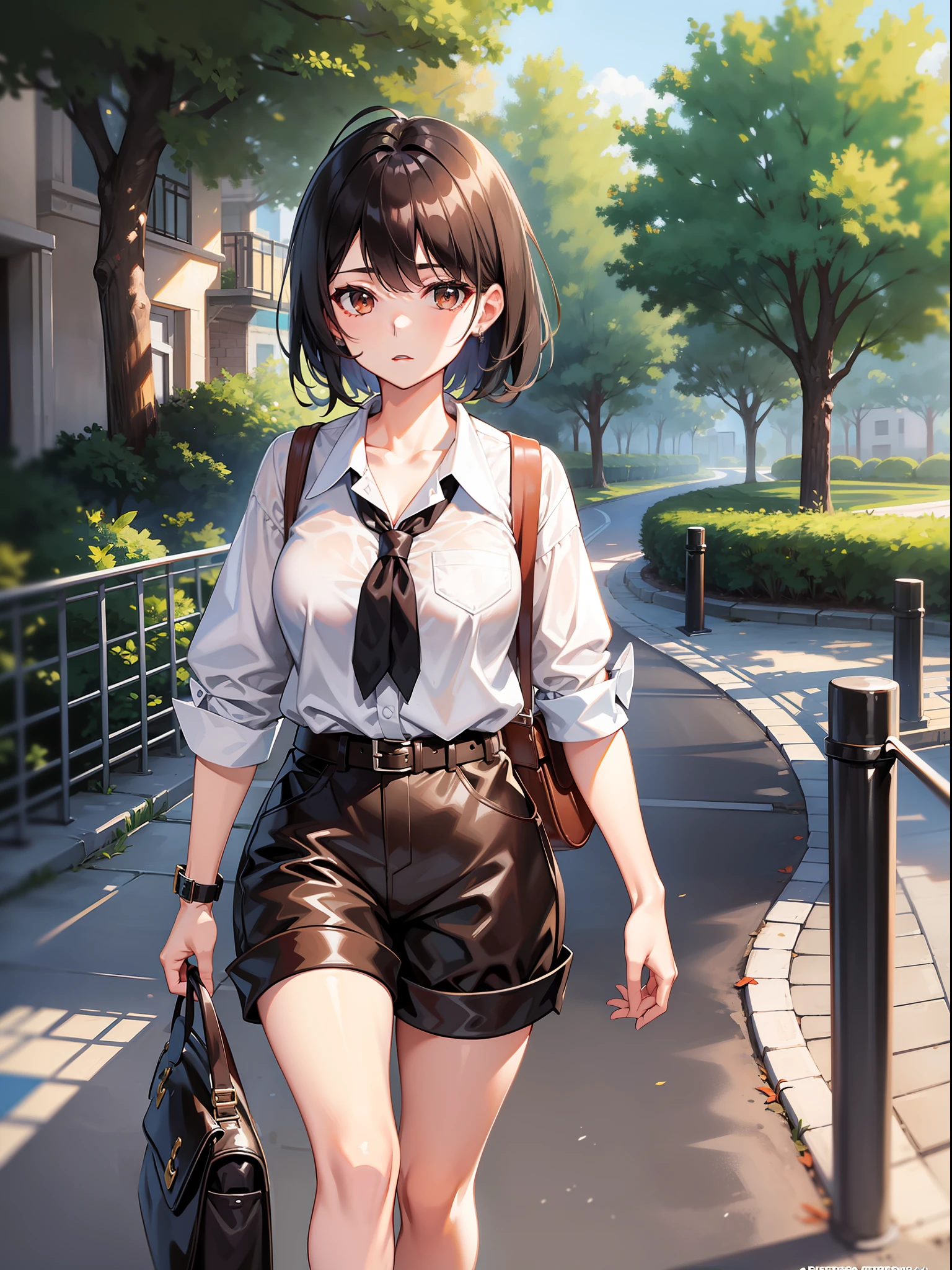 Black hair short, short brown clothes with white collar sleeves, brown shorts, white waist belt, white shoes, girl, outdoor