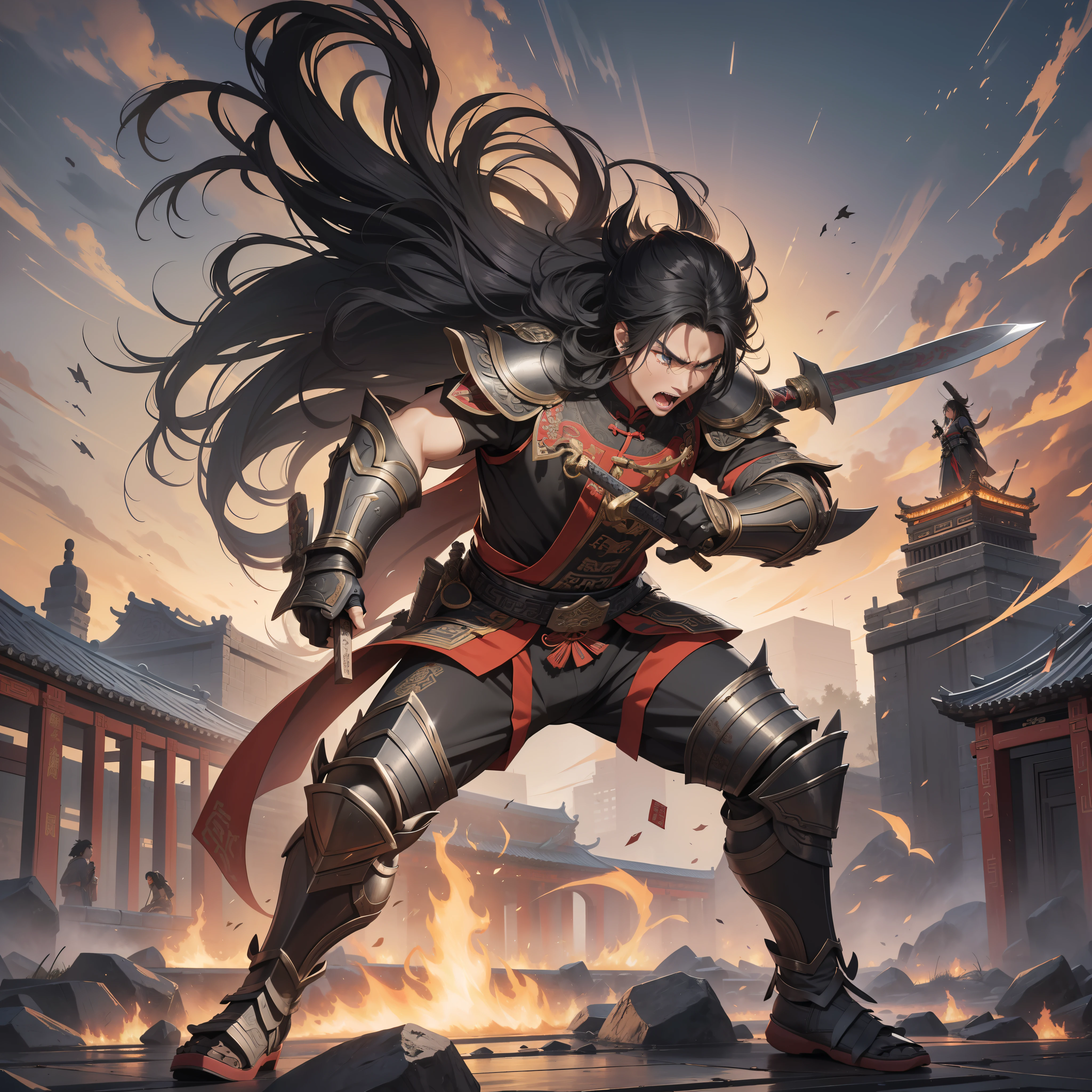 Absurd resolution, high resolution, (masterpiece: 1.4), hyper-detailed, ancient Chinese, black long-haired young man (1.3), roaring (1.2), crying (1.2), warrior in ancient Chinese armor, wielding sword, blood, fighting, standing on ancient city walls (1.3), dusk, fire