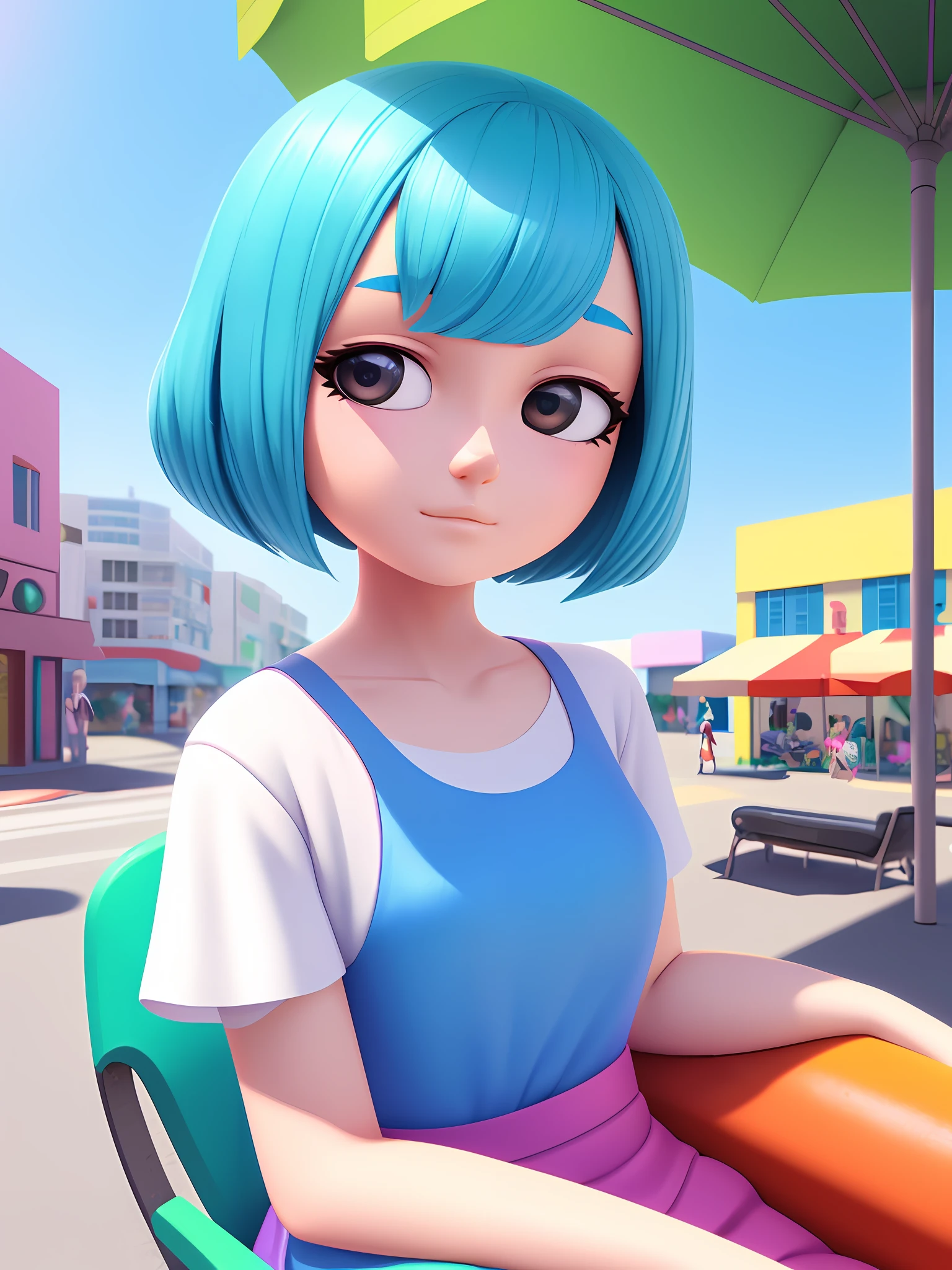 Girl sitting on pool seat, fair skin, delicate face, medium, new pop portrait, fashion illustration, toy core, colorful street scene, realistic, cartoon style rendering, made by Pop Mart: pastel color, blind box toy, fine gloss, clean background, C4D, blender, 3d rendering. Octane rendering.