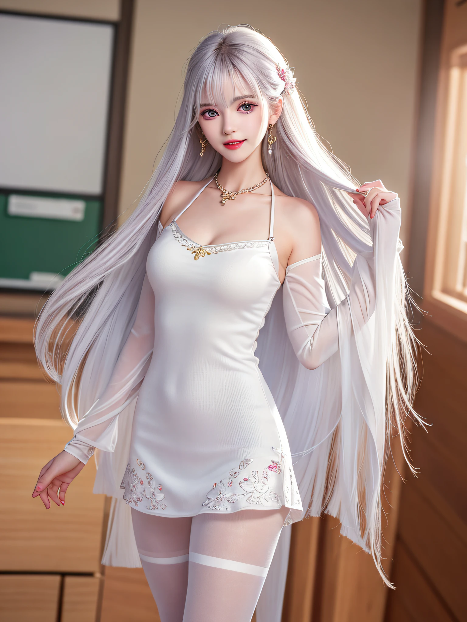 Female teacher standing in the classroom v6, necklace, earrings, full body v6, long white hair, hip tights, visible, excellent, ultra high-definition, raw photo, realism: 1.25), (bright lip gloss, long eyelashes, smooth face, glossy skin, natural shadows, wide light, wide light, depth of field, intense colors, subtle caustics: 0.8), smile, (big), v6